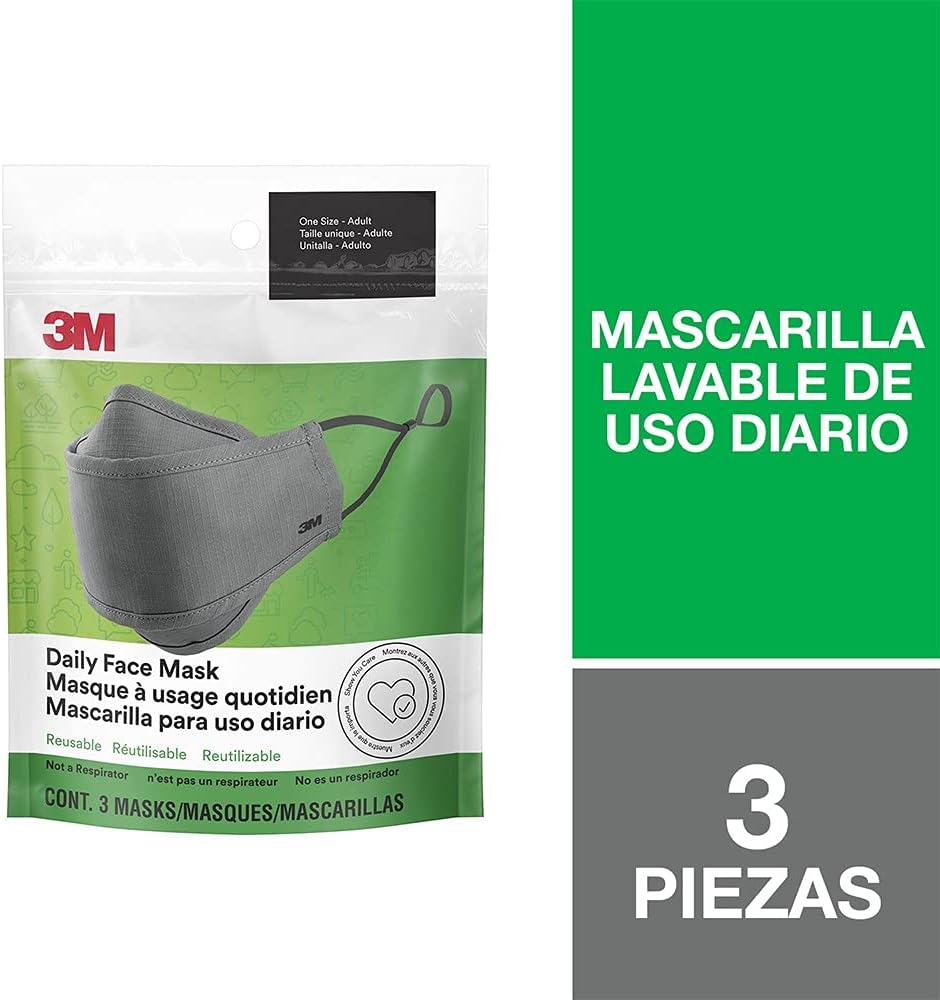 3M Daily Face Mask, Reusable, Washable, Adjustable Ear Loops, Lightweight Cotton Fabric, 3 Pack