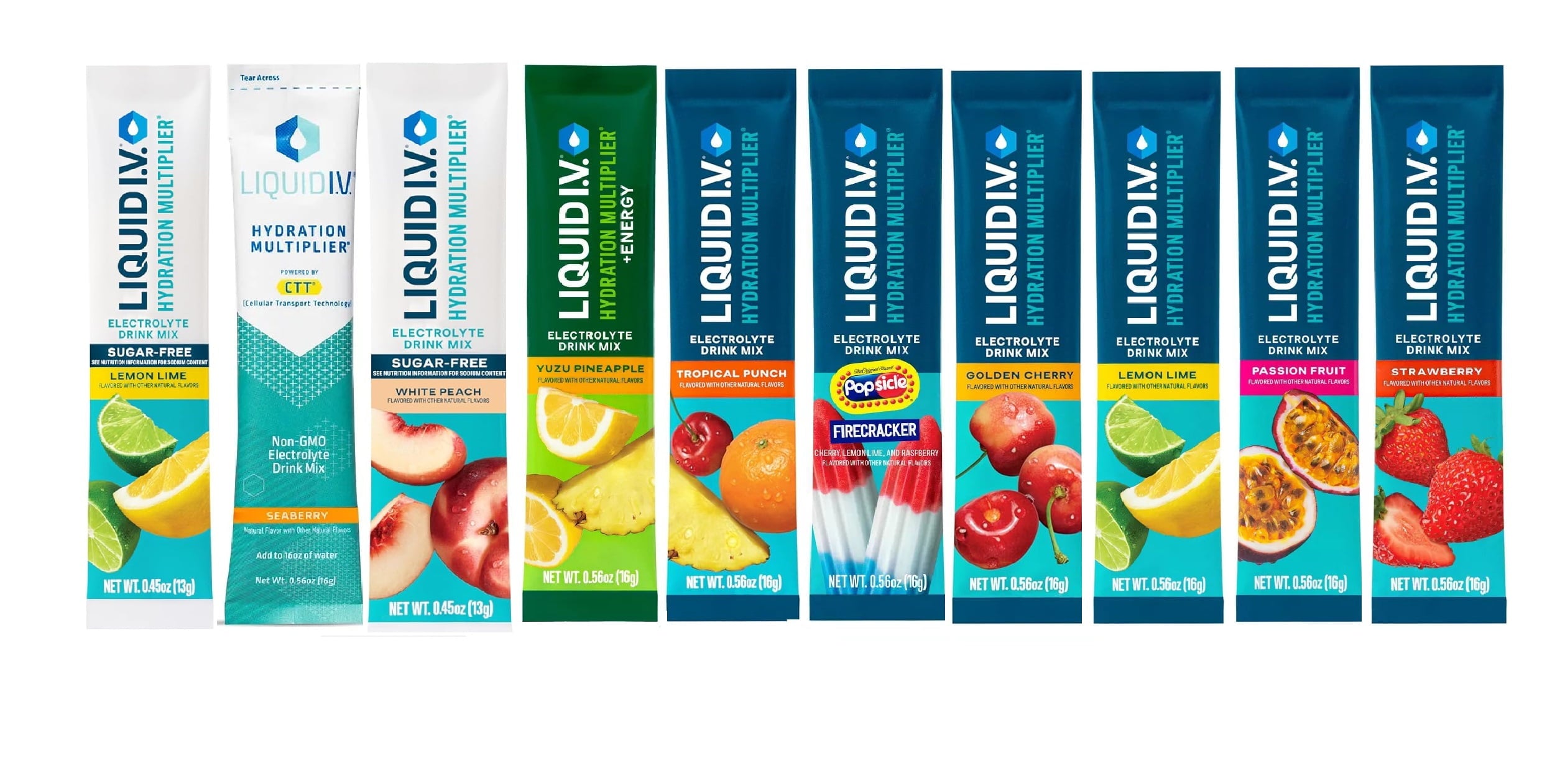 Hydration Multiplier + Energy Liquid I-V Variety Pack - Strawberry, Passion Fruit, Tropical Punch, Golden Cherry, Lemon Lime, White Peach, Seaberry, Yuzu Pineapple, Firecracker- 10 total servings