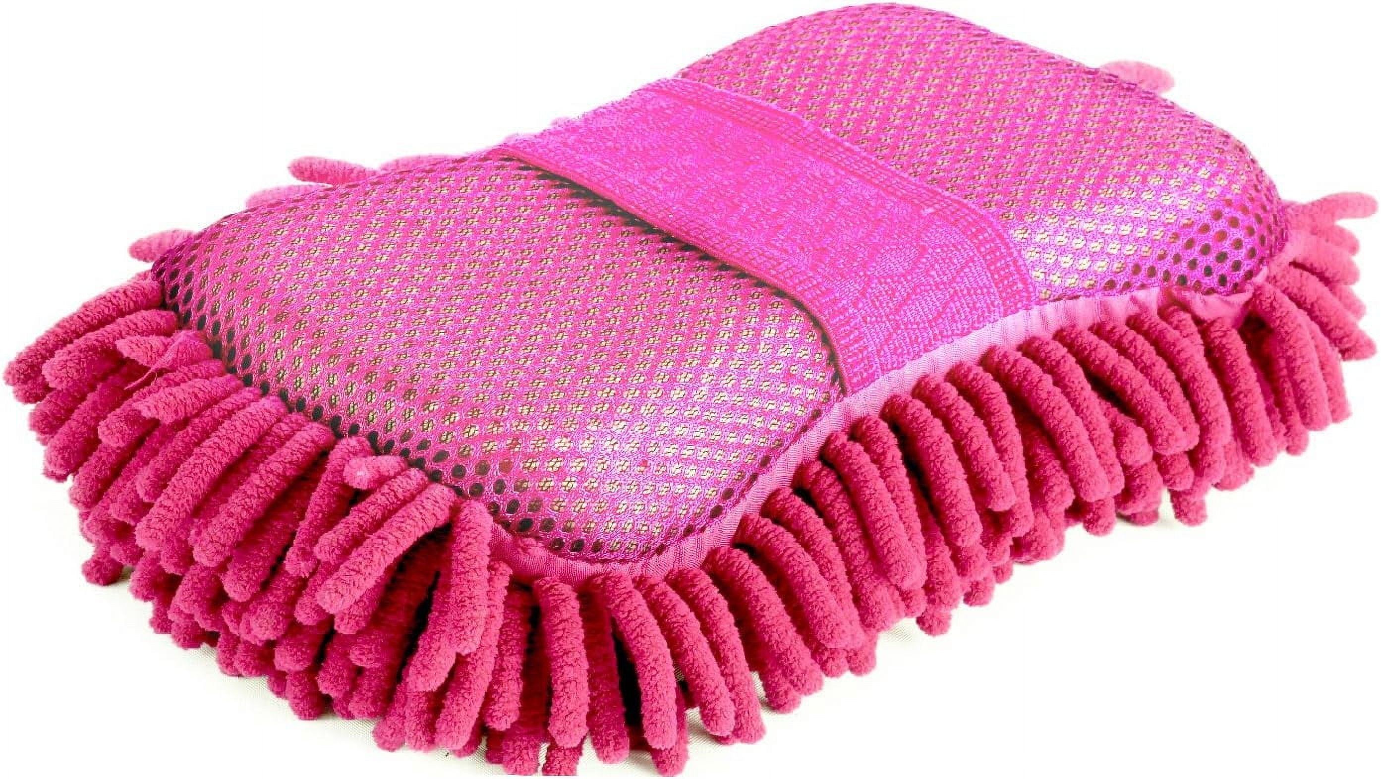 Gee Gadgets Two Sided Car Wash Sponge – Chenille Microfiber Dual Scrubber with Built-in Hand Strap – Absorbent and Scratch-Free Clean - Pink