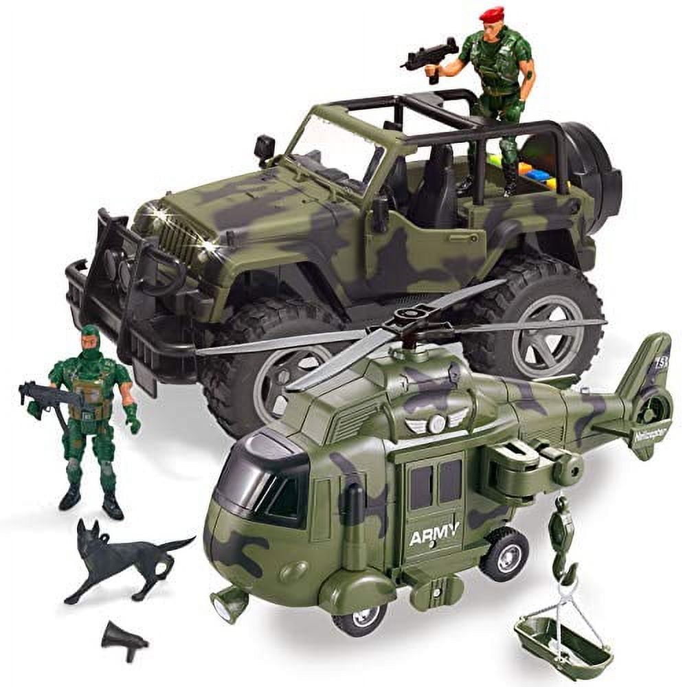 JOYIN 2 Pack Friction Powered Realistic Military Vehicle Car Set Including Convertible Military Truck, Helicopter, Army Men Action Figures and Accessories, Lights and Sounds Sirens