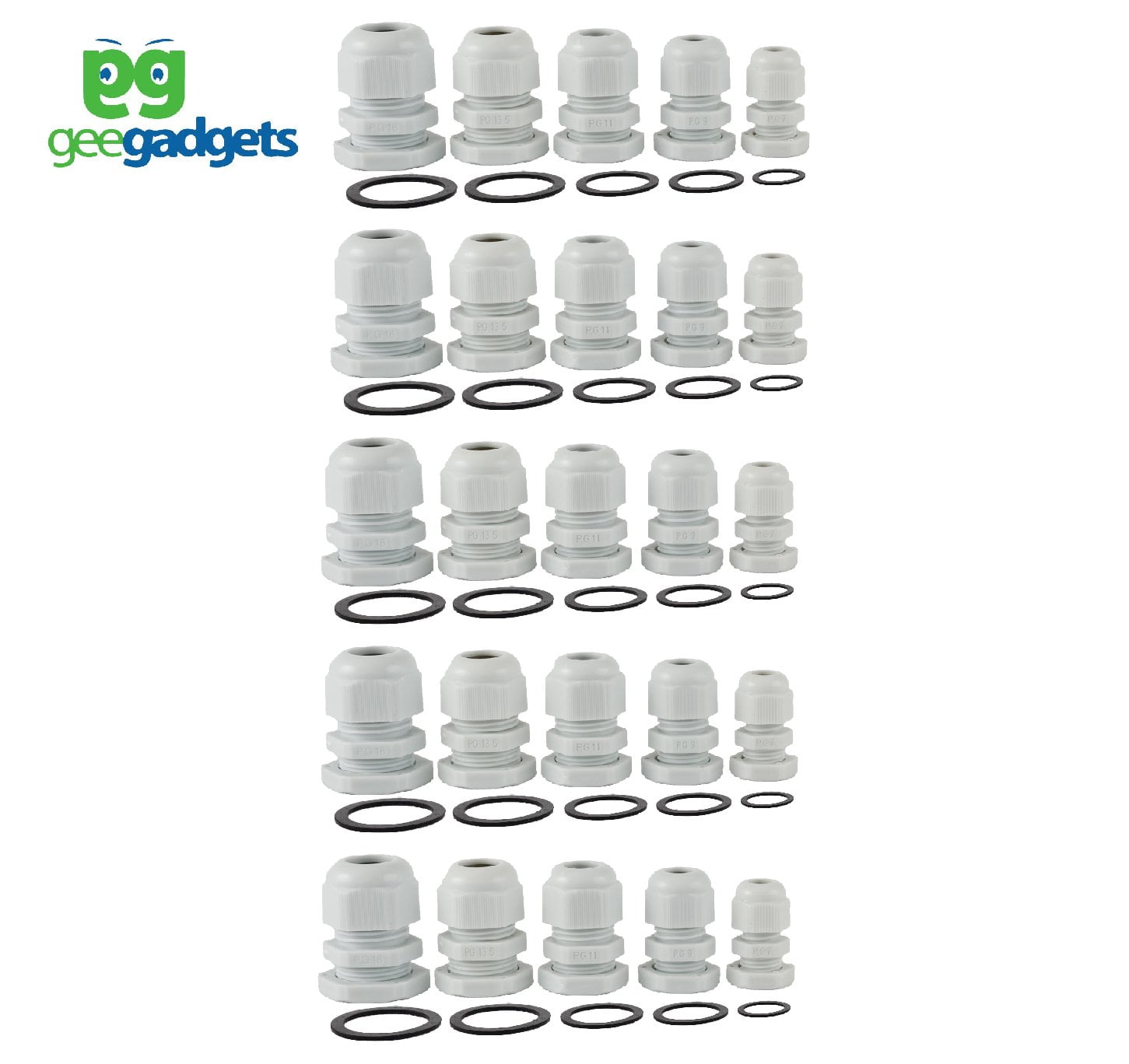 Waterproof Cable Gland Joints - Adjustable Lock Nut - 3.5 to 13mm - Heavy Duty Electrical Wiring Connector Fittings - PG7, PG9, PG11, PG13.5, PG16 - 25 Pcs - White - by Gee Gadgets