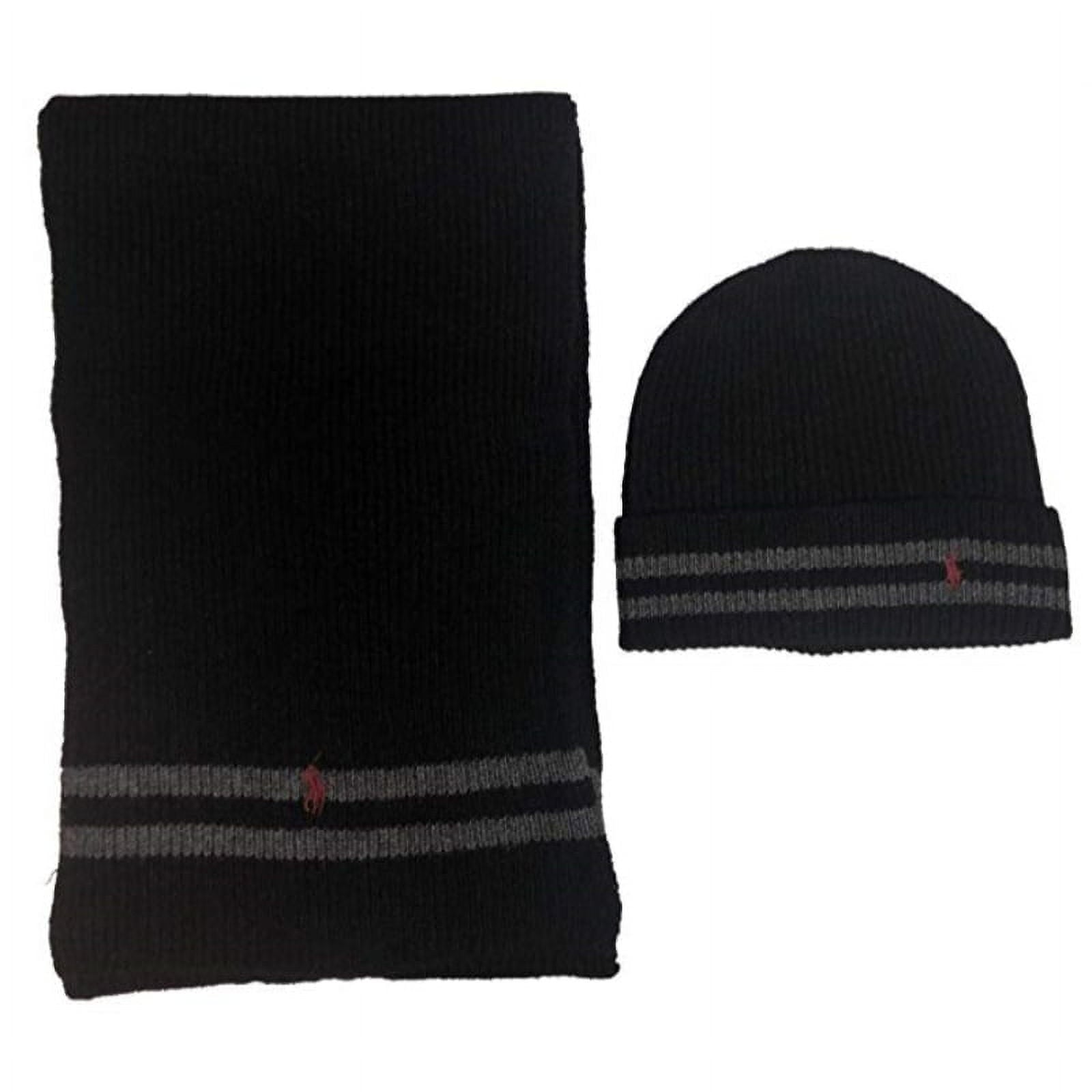 Polo Ralph Lauren Men's 2 Piece Set Hat & Scarf Lambswool Blend, Black/Grey