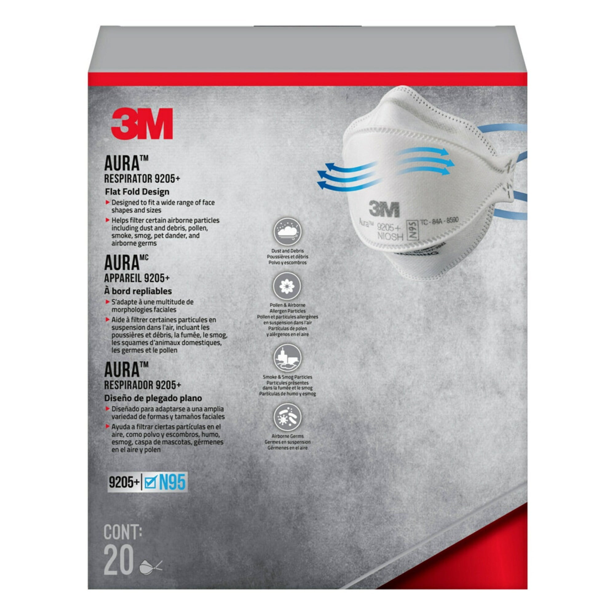 3M™ Aura™ N95 Particulate Respirator, 9205PH-20-DC, Pack of 20 Respirators