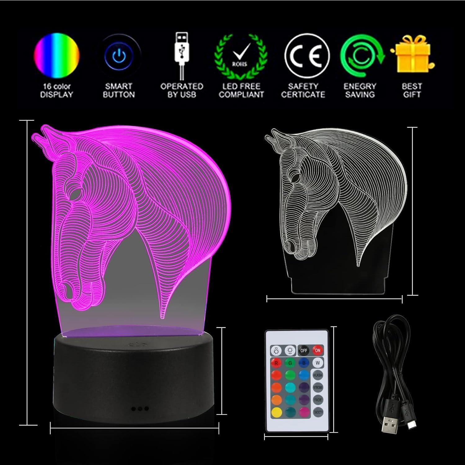 3D Illusion Night Light for Kids 3D LED Lamps Touch & Remote Control 3D Illusion Night Light 16 Colors + 7 Colors Changing Boys Room Decor Child Kids Gifts (Horse)