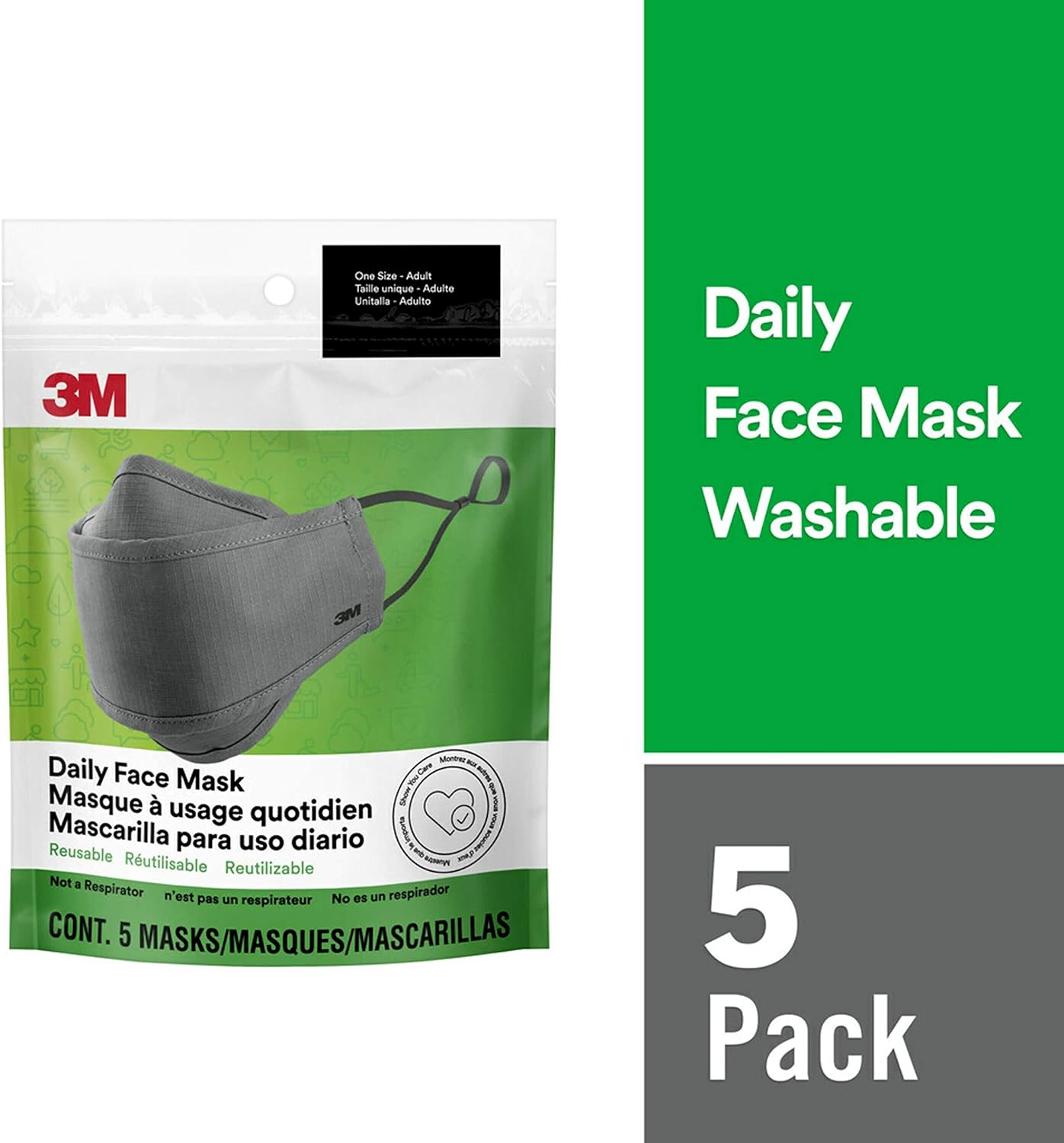 3M Daily Face Mask, Reusable, Washable, Adjustable Ear Loops, Lightweight Cotton Fabric, 5 Pack, Gray…