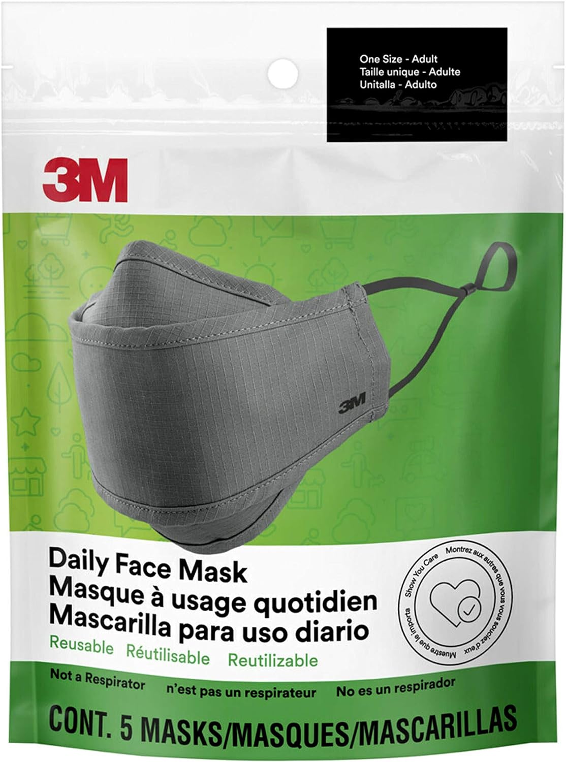 3M Daily Face Mask, Reusable, Washable, Adjustable Ear Loops, Lightweight Cotton Fabric, 5 Pack, Gray…