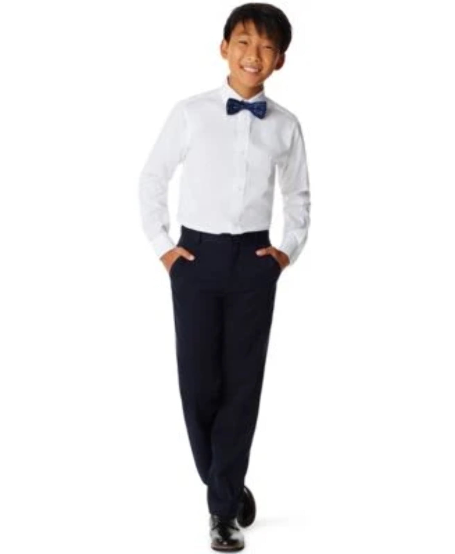 Tommy Hilfiger Boys' Long Dress Shirt with Bow Tie, Collared Button-Down with Cuff Sleeves, White/Navy Dot, 18