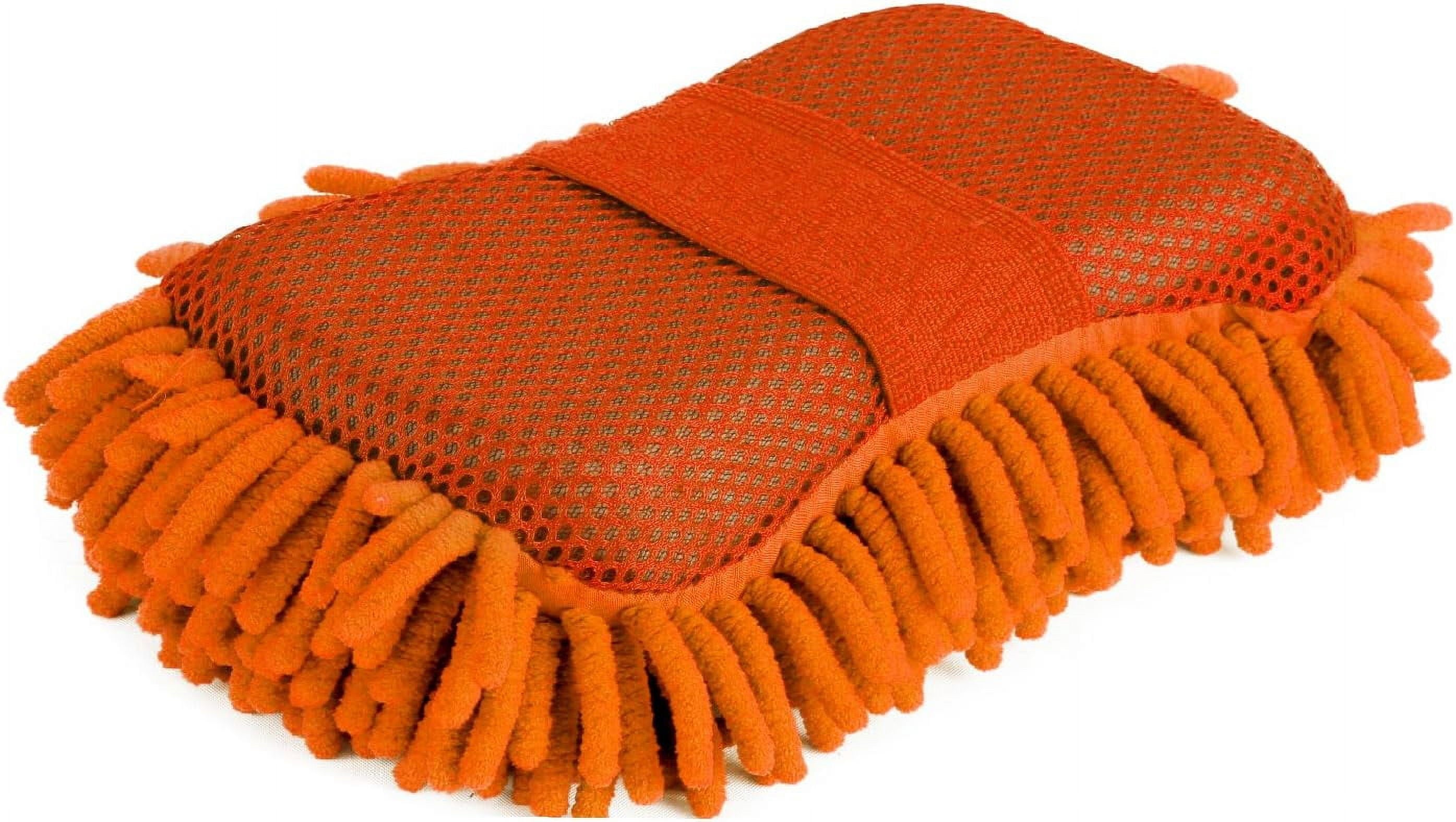 Gee Gadgets Two Sided Car Wash Sponge – Chenille Microfiber Dual Scrubber with Built-in Hand Strap – Absorbent and Scratch-Free Clean - Orange