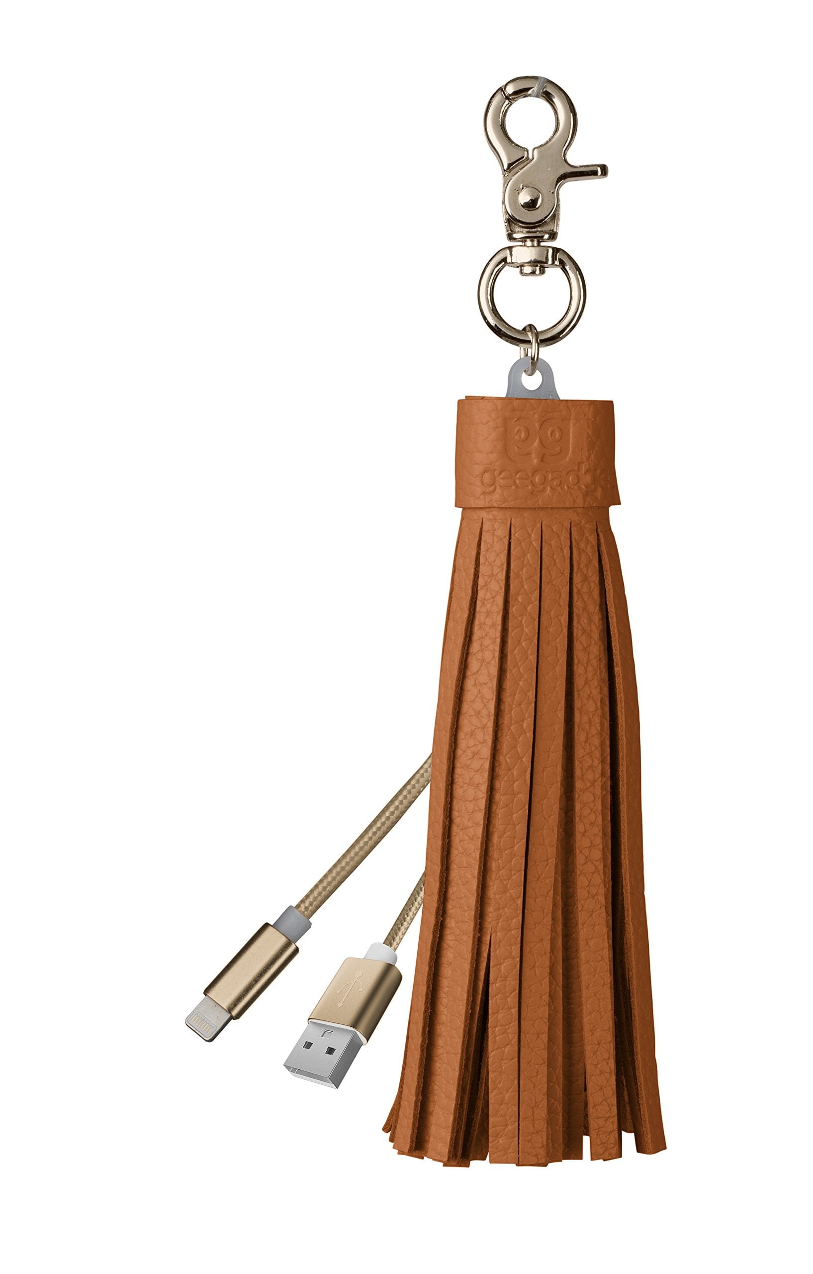 IPhone Lightning Cable Keychain - USB Charging Cord with Genuine Leather Tassel and Keyring - Brown - by Gee Gadgets