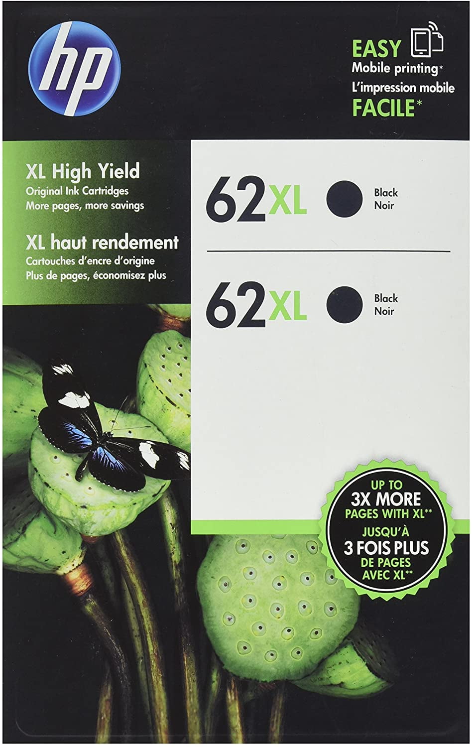 HP J3P42BN 62XL High Yield Original Ink Cartridge, Black, 2 Pack, 600 Page Yield