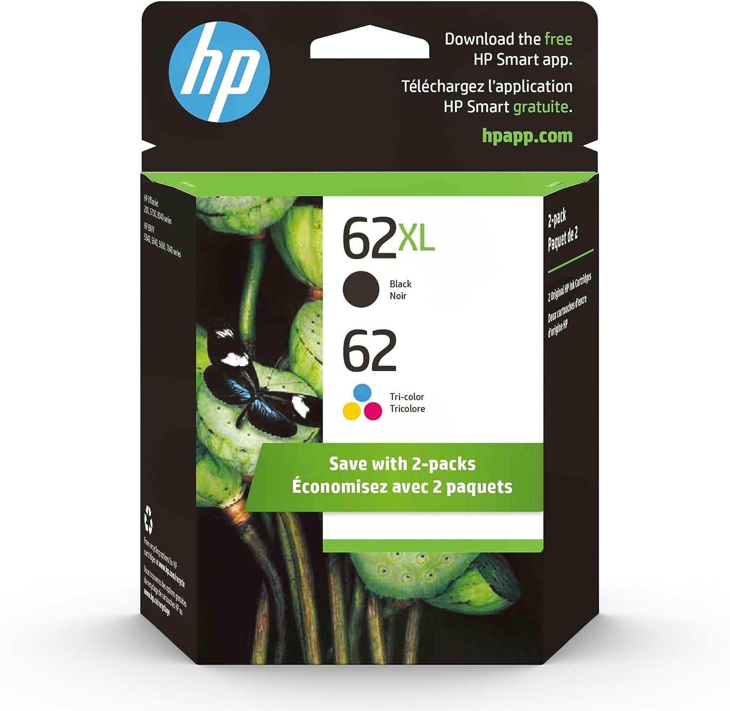 HP62XL/62 Black High Yield and Tri-Color Standard Yield Ink Cartridge, 2/Pack (F6U01FN#140)