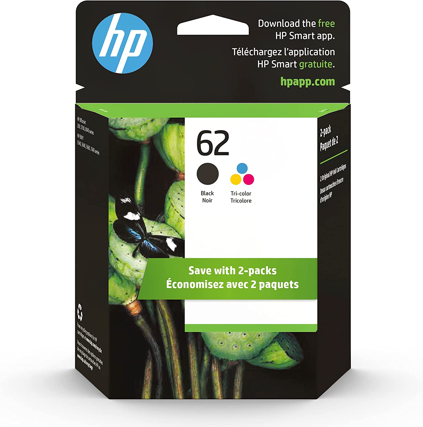 62 Black High Yield Original Cartridge & 62 Tri-Color Original Ink Cartridge, Combo Pack