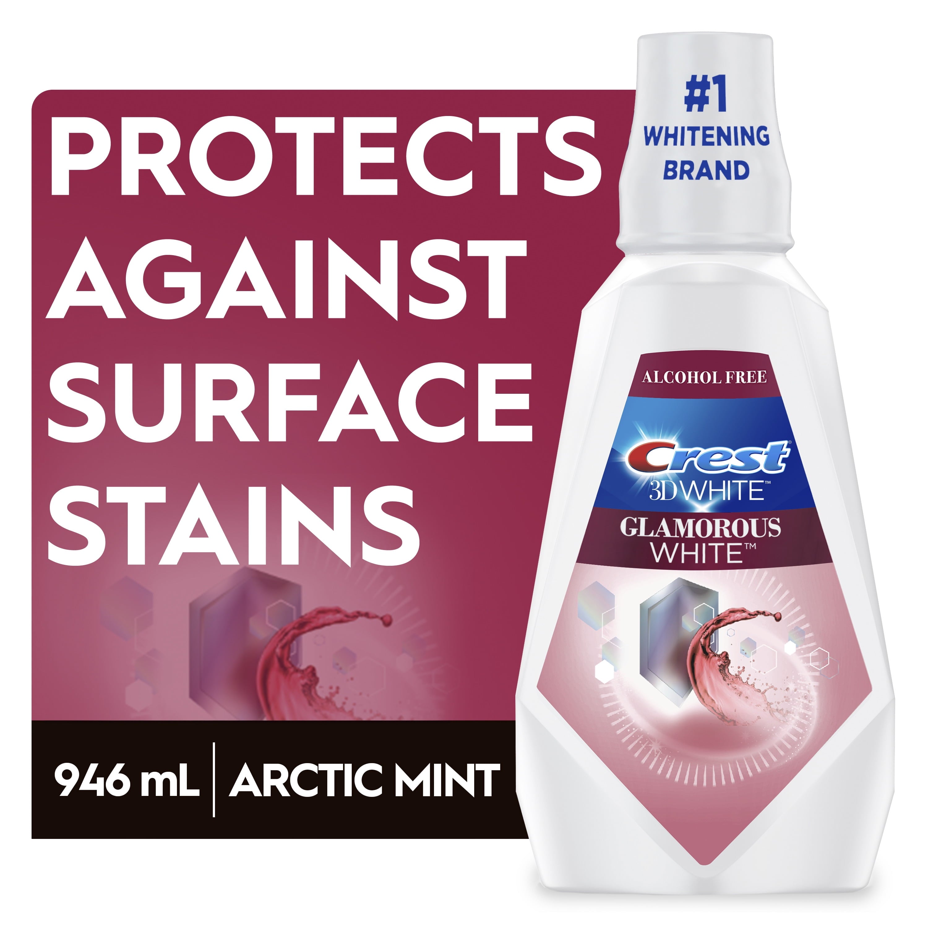 Crest 3D White Glamorous White Mouthwash/Mouth Rinse, Arctic Mint - 946 mL, Whitelock Technology, Alcohol Free