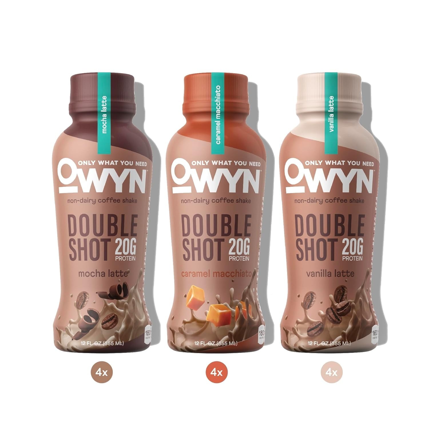 OWYN Only What You Need Doubleshot Dairy Free Keto Protein Coffee Shake, Variety Pack, 0g sugar, 20g plant protein, , Gluten & Soy Free, Non-GMO, 100% plant based, Vegan, (12 Fl Oz) - Pack of 12