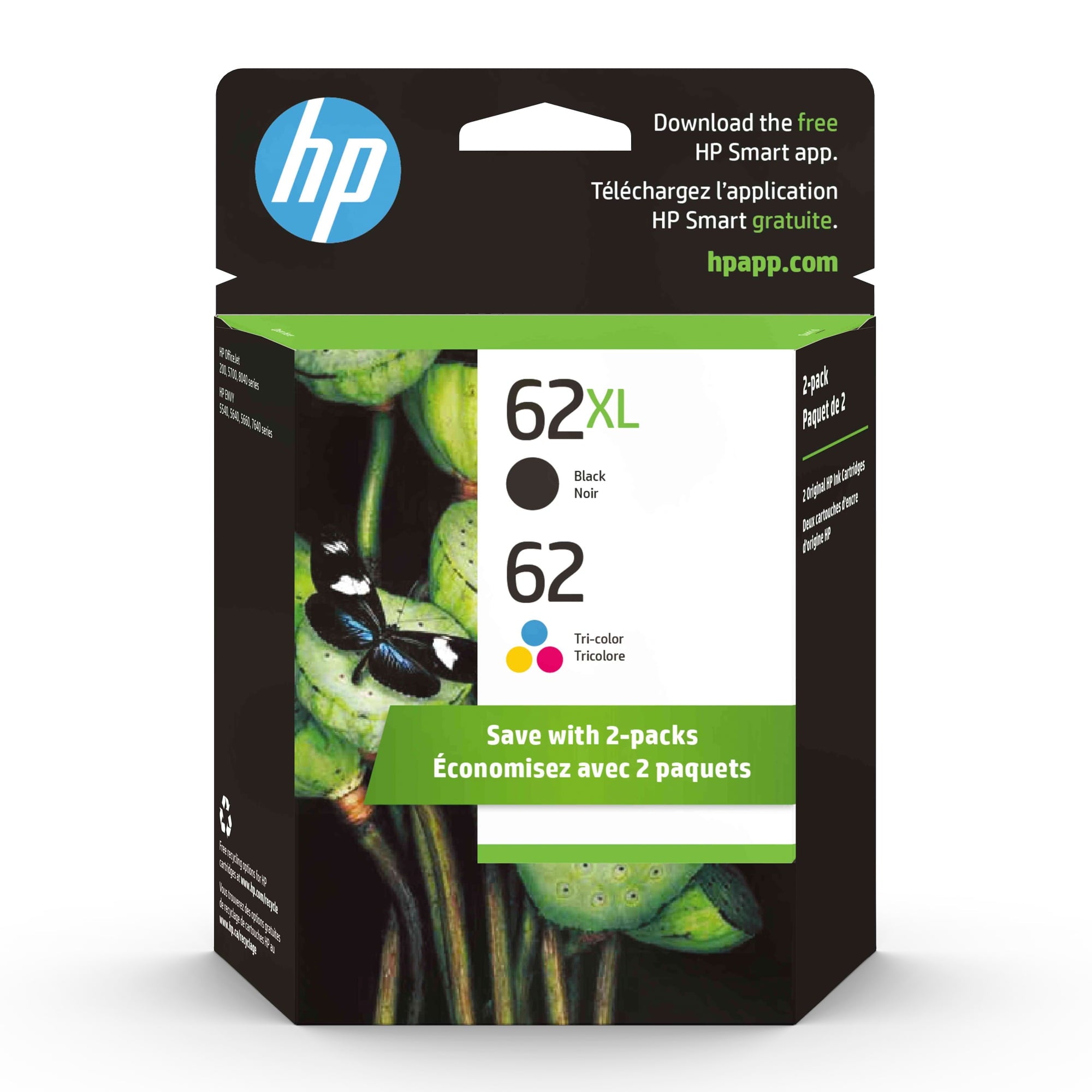 HP 62XL Black/62 Tri-Color Ink Cartridges, N9H67FN, 2/Pack