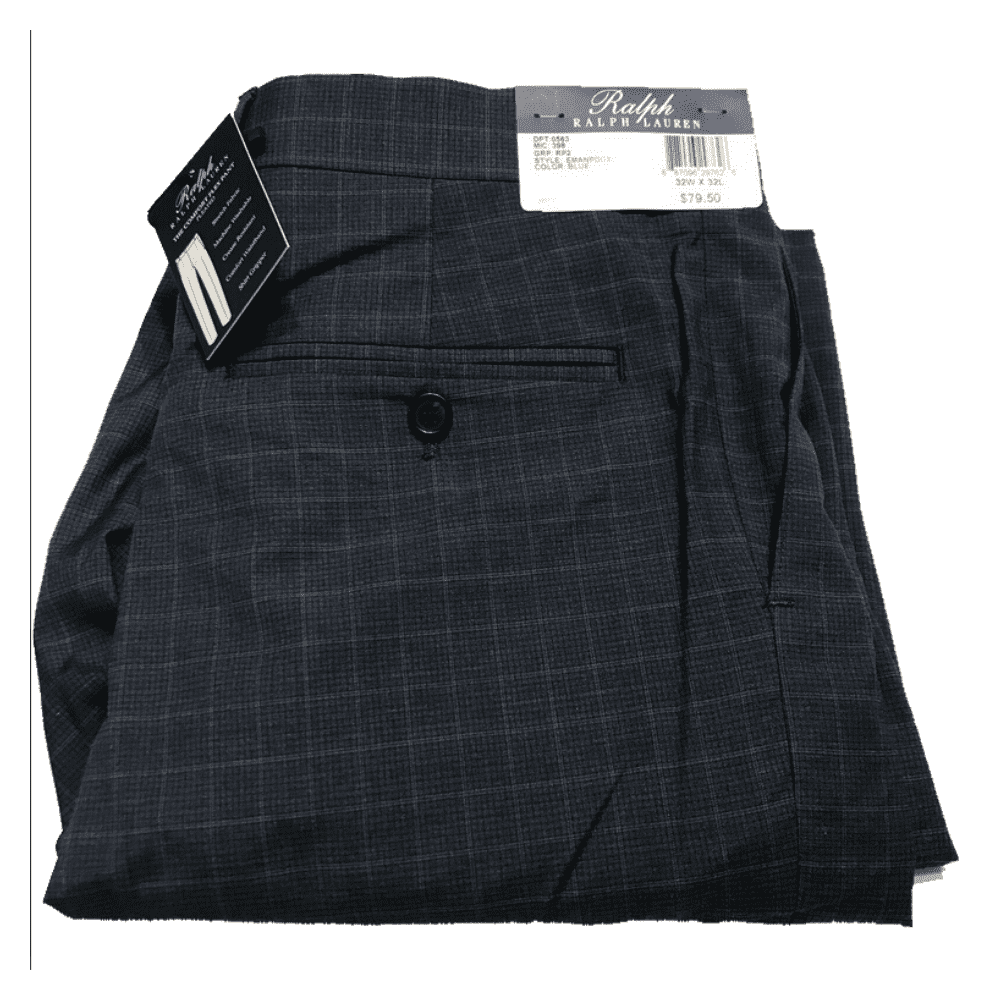 Ralph Lauren Men Relaxed Fit Pleated Front Grid Print Dress Pants, Blue Sz 38X34