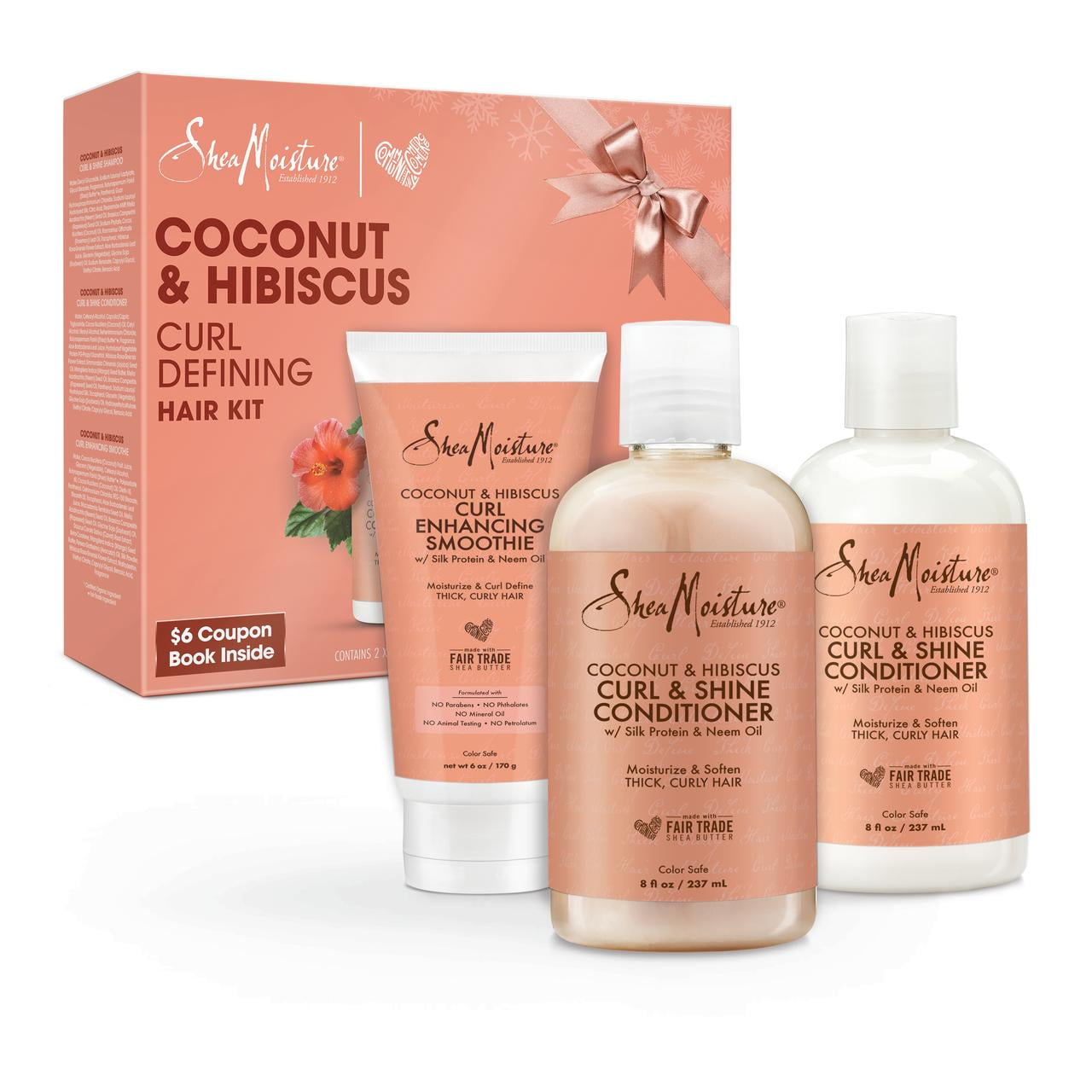 ($19 Value) SheaMoisture Coconut and Hibiscus Curl Defining Shampoo and Conditioner Gift Set, Phthalate Free, 3 Piece