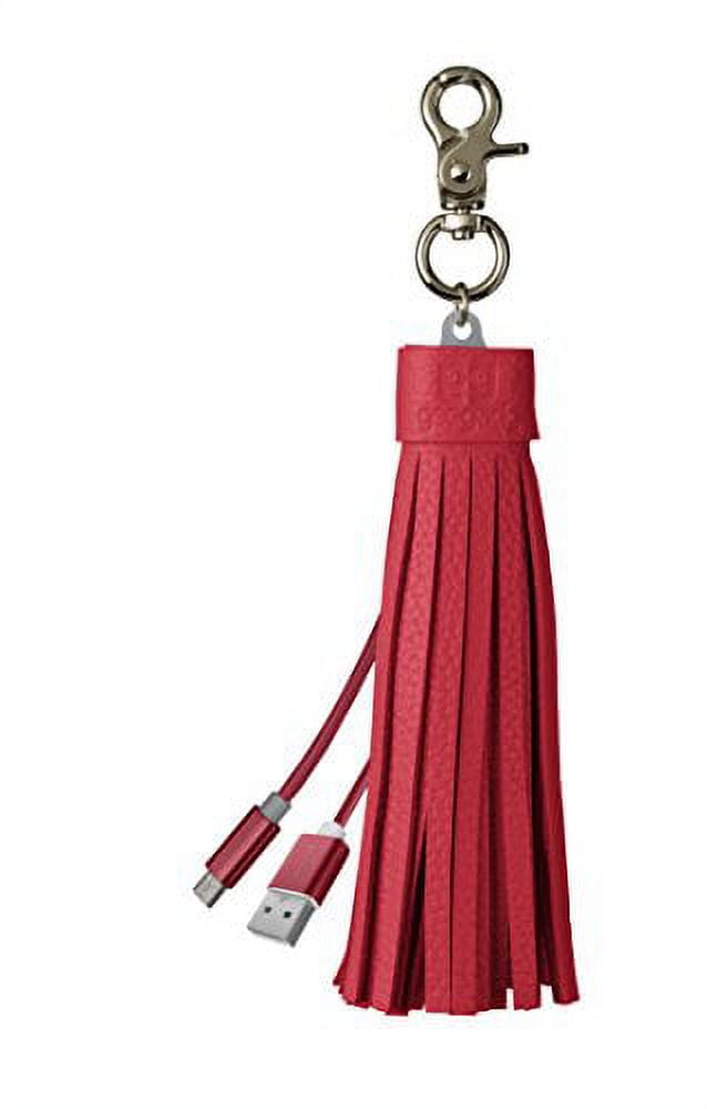 Micro USB Cable Keychain - Android Charging Cord with Genuine Leather Tassel and Keyring Red - by Gee Gadgets