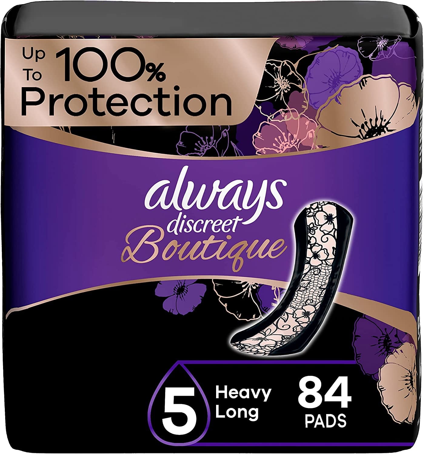 Always Discreet Boutique, Incontinence & Postpartum Pads For Women, Size 5, Heavy Absorbency, Regular Length, 28 Count x 3 Packs (84 Count total)