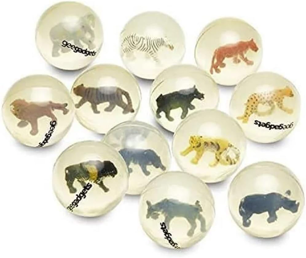 Gee Gadgets - 12 Clear Bouncy Balls with Animals - Rubber Bouncing Ball Toys with Safari Kingdom Animals Inside - Great Gift for Kids Party Favors, Prizes and Rewards 45mm, X-Large