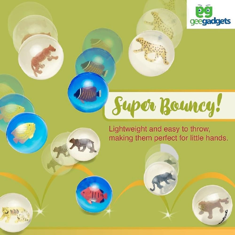 Gee Gadgets - 12 Clear Bouncy Balls with Animals - Rubber Bouncing Ball Toys with Safari Kingdom Animals Inside - Great Gift for Kids Party Favors, Prizes and Rewards 45mm, X-Large