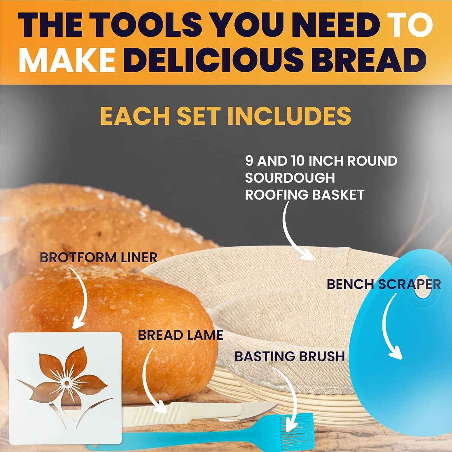 Bread Banneton Proofing Basket Set | 9” & 10” Round Baking Bowl Kit for Sourdough | Includes Dough Scraper, Bread Lame, Brotform Cloth Liner and Basting Brush (Blue)