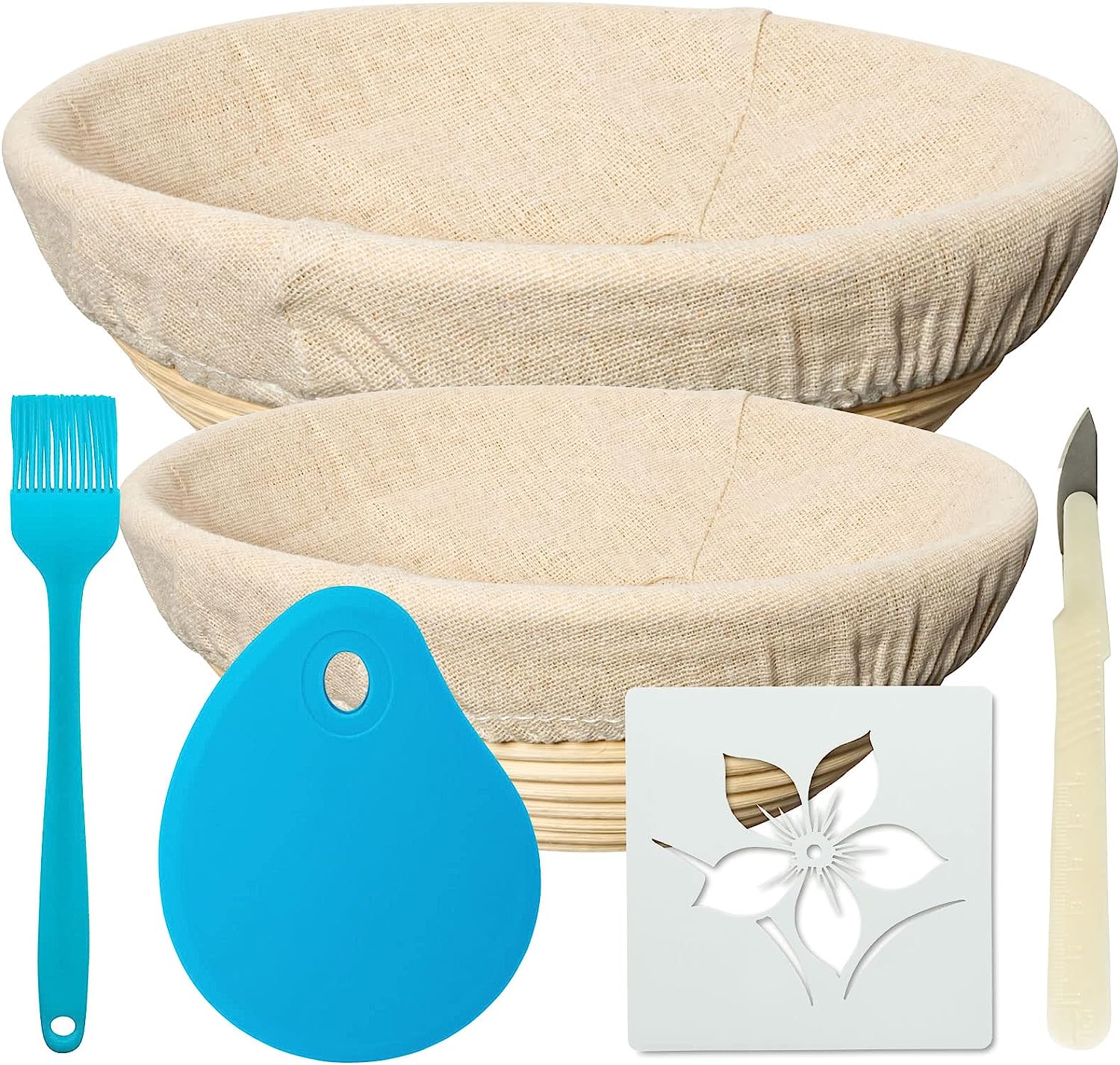 Bread Banneton Proofing Basket Set | 9” & 10” Round Baking Bowl Kit for Sourdough | Includes Dough Scraper, Bread Lame, Brotform Cloth Liner and Basting Brush (Blue)