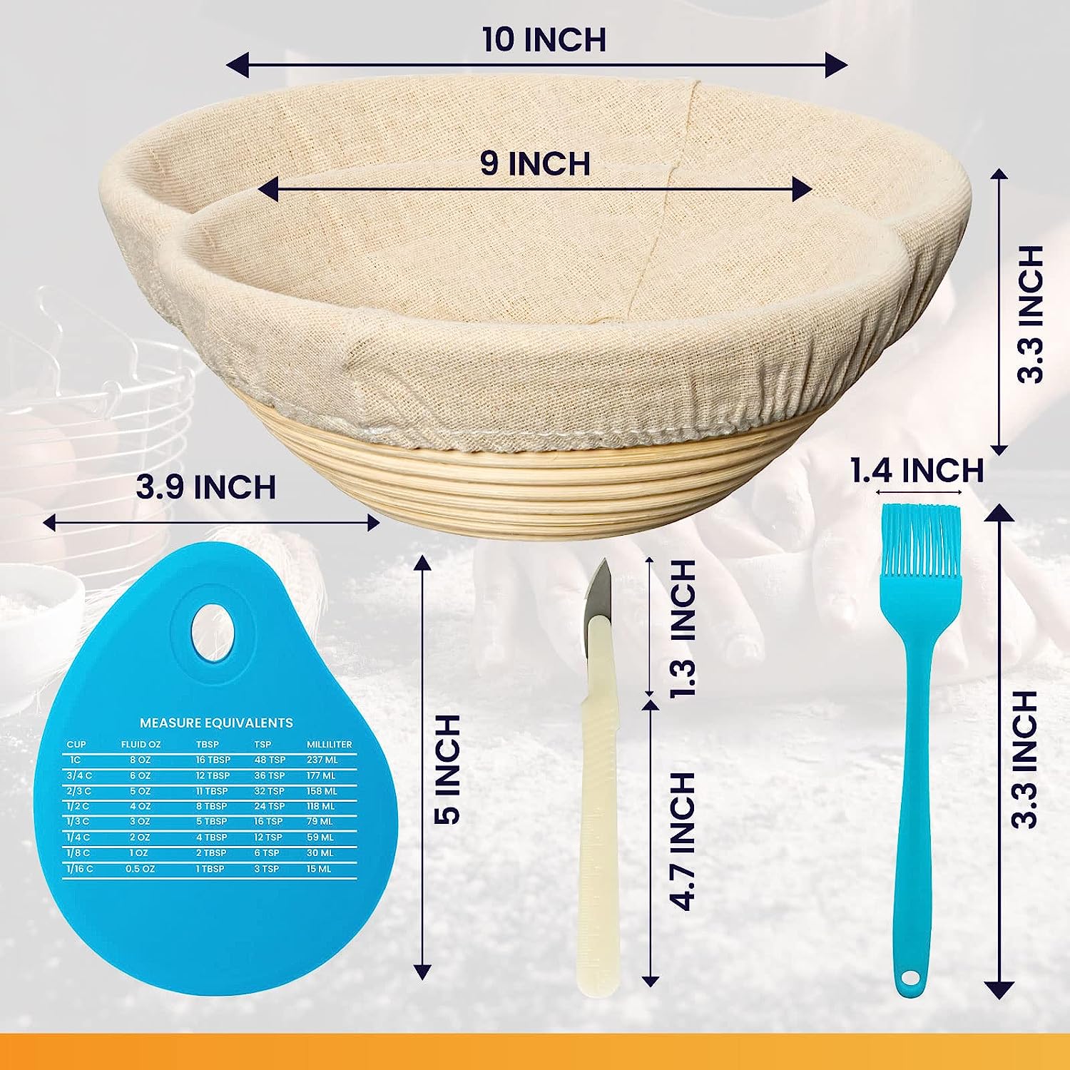 Bread Banneton Proofing Basket Set | 9” & 10” Round Baking Bowl Kit for Sourdough | Includes Dough Scraper, Bread Lame, Brotform Cloth Liner and Basting Brush (Blue)