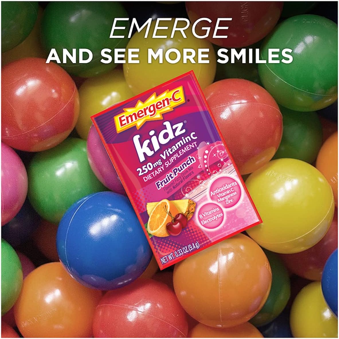 Emergen-C Kidz 250mg Kids Vitamin C Powder, Caffeine Free, Immune Support Drink Mix, Fruit Punch Flavor - 30 Count/1 Month Supply