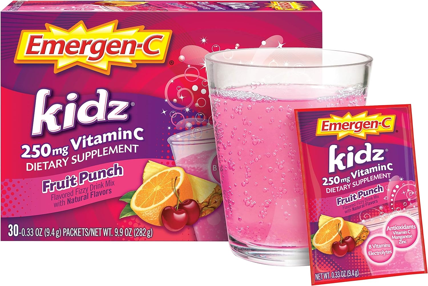 Emergen-C Kidz 250mg Kids Vitamin C Powder, Caffeine Free, Immune Support Drink Mix, Fruit Punch Flavor - 30 Count/1 Month Supply