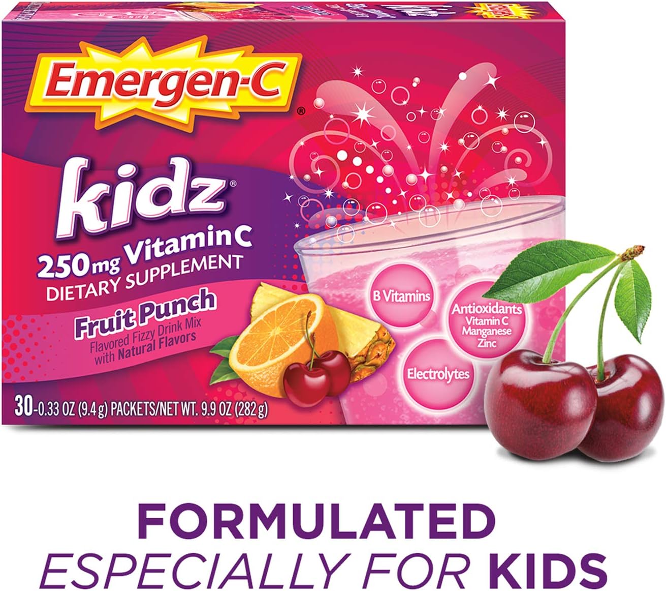 Emergen-C Kidz 250mg Kids Vitamin C Powder, Caffeine Free, Immune Support Drink Mix, Fruit Punch Flavor - 30 Count/1 Month Supply