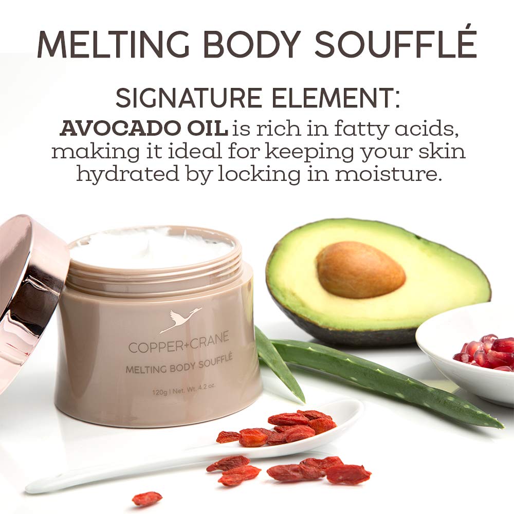 Body Moisturizing Cream | Argan, Avocado & Sweet Almond Oil | COPPER+CRANE Melting Body Souffle | Cruelty Free | Paraben & Sulfate Free | 4.2 oz.