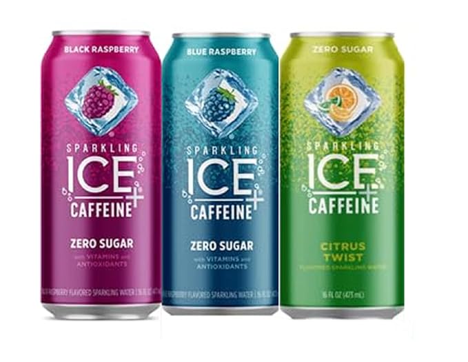 Sparkling Ice +Caffeine Zero Sugar Flavored Sparkling Water with Vitamins and Antioxidants, Variety Pack - Black Raspberry/Blue Raspberry/Citrus Twist, 16 FL Oz Can (Pack of 9)