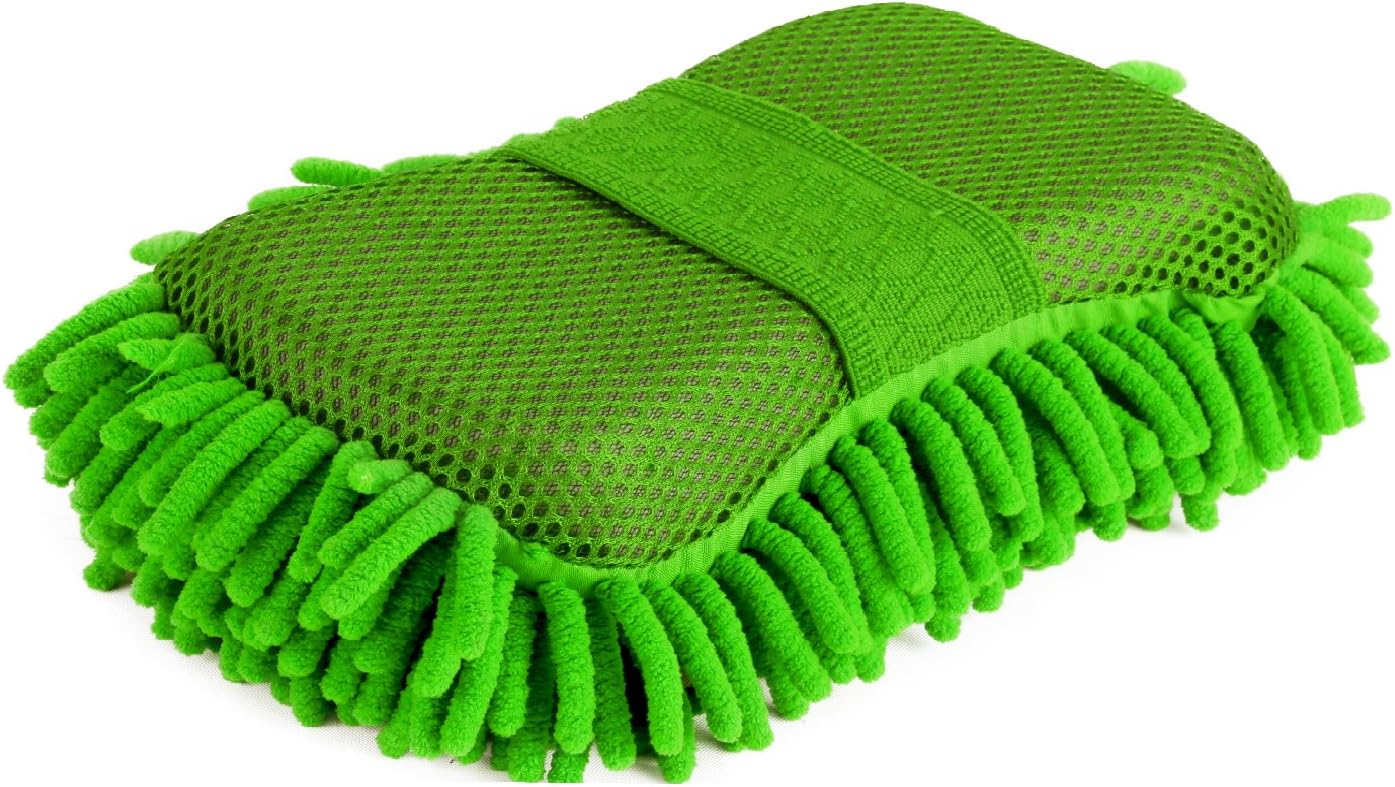 Gee Gadgets Two Sided Car Wash Sponge – Chenille Microfiber Dual Scrubber with Built-in Hand Strap – Absorbent and Scratch-Free Clean – One Pack – Green