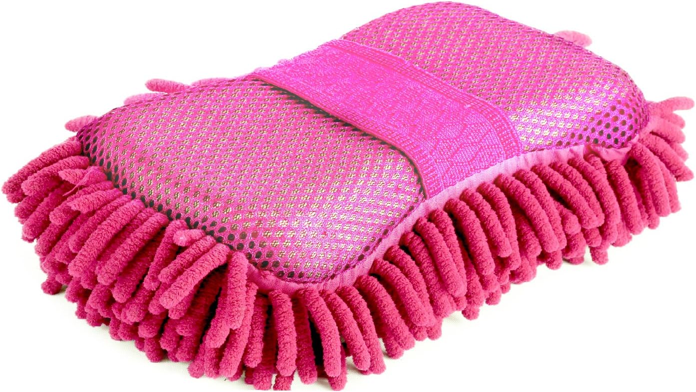 Gee Gadgets Two Sided Car Wash Sponge – Chenille Microfiber Dual Scrubber with Built-in Hand Strap – Absorbent and Scratch-Free Clean – Two Pack – Pink