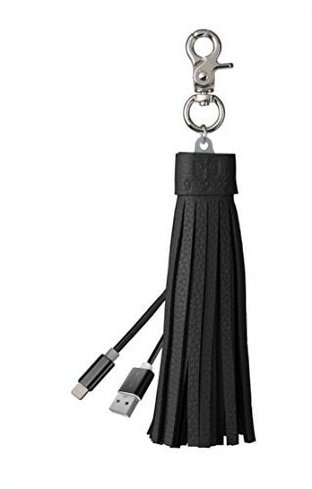 Tassel Compatible with iPhone Keychain Cable - USB Charging Cord with Genuine Leather Tassel and Keyring - Black - by Gee Gadgets