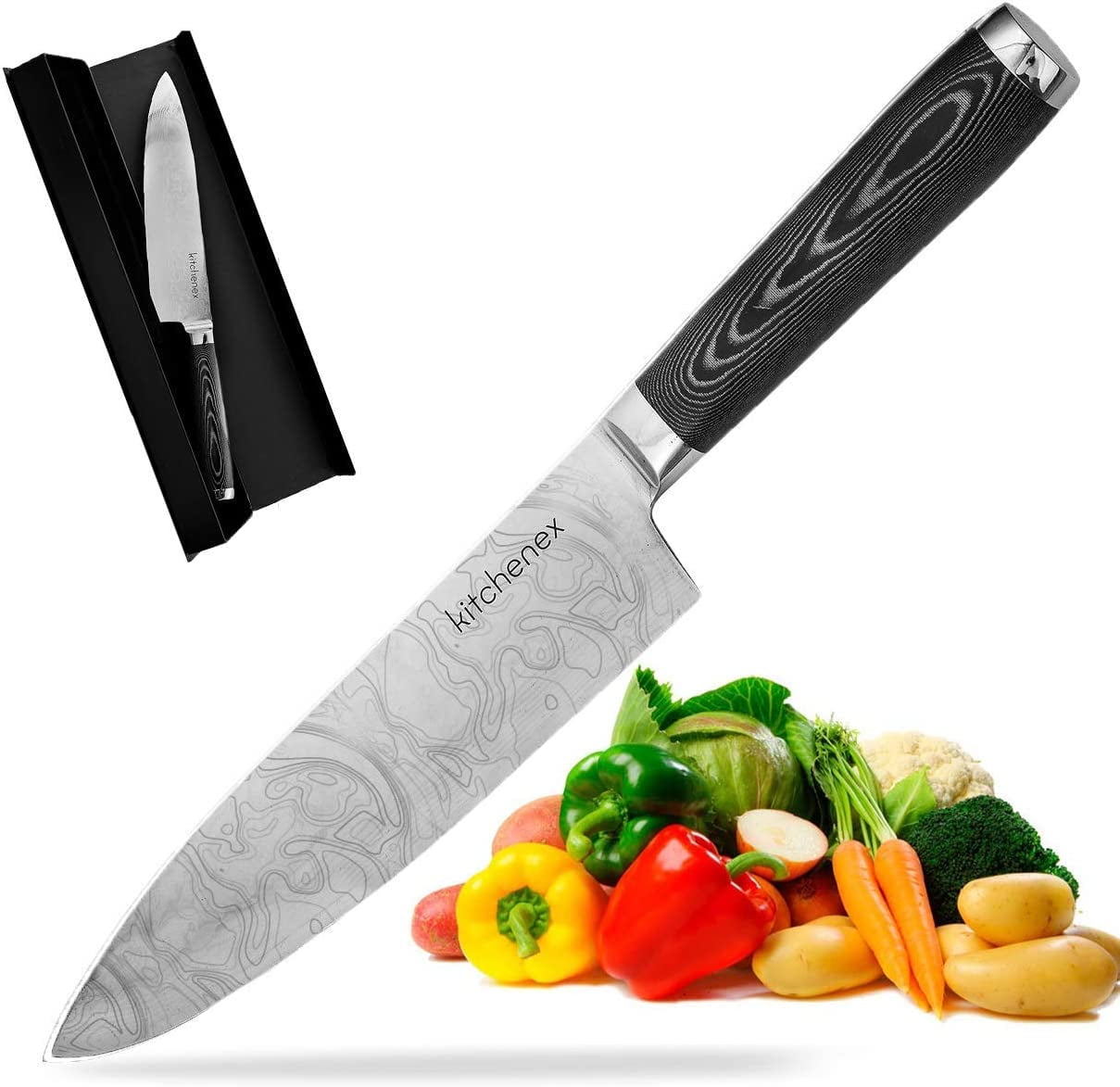 Chef Knife - KITCHENEX Pro Chef’s Kitchen Knife High Carbon Damascus Steel 67 Layer Cooking Knife w/ 8” Sharp Precision Blade & Ergonomic Micarta Handle – Rustproof Kitchen Cutlery – Comes In Luxuriou