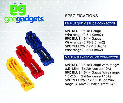 Self-Stripping T-Tap Wire Spade Connectors – 30 Pack (15 Pairs) - Multicolor Male and Female Splice and Butt Terminals Crimp Kit - by Gee Gadgets