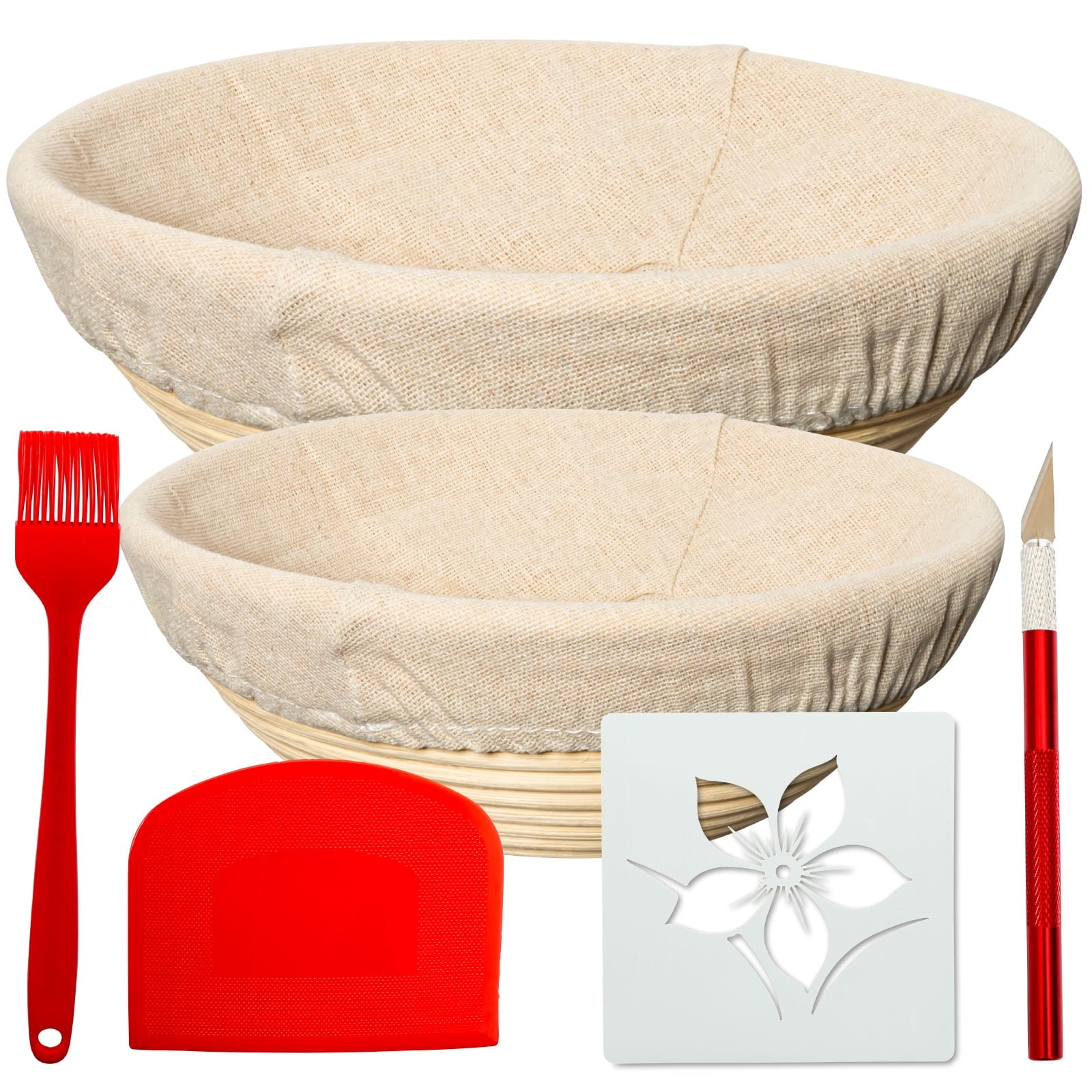 Bread Banneton Proofing Basket Set | Bread Proofing Basket Set With A 9” & 10” Round Baking Bowl Kit For Sourdough | Includes A Dough Scraper, Bread Lame, Brotform Cloth Liner & Basting Brush (Red)