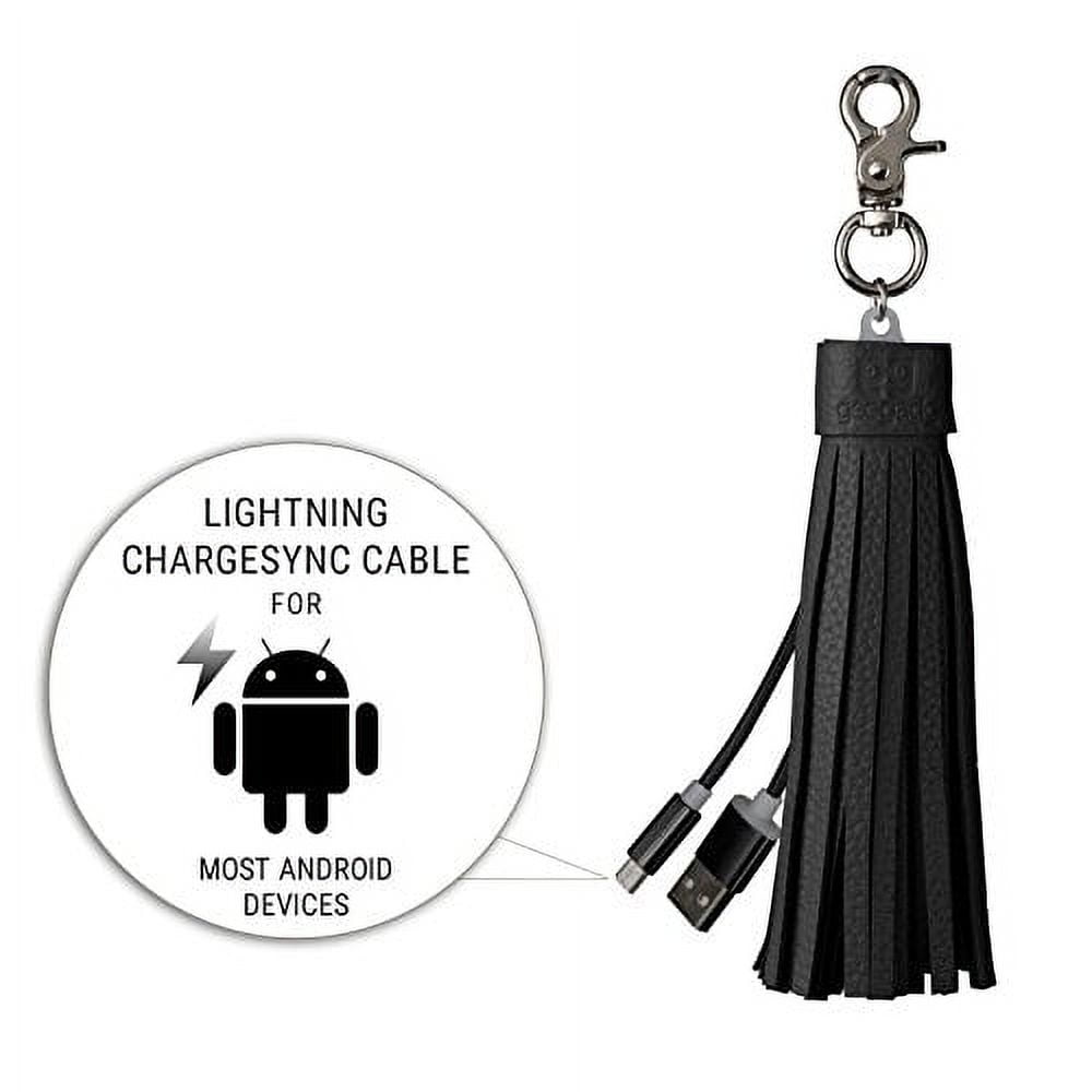 Tassel Compatible with iPhone Keychain Cable - USB Charging Cord with Genuine Leather Tassel and Keyring - Black - by Gee Gadgets