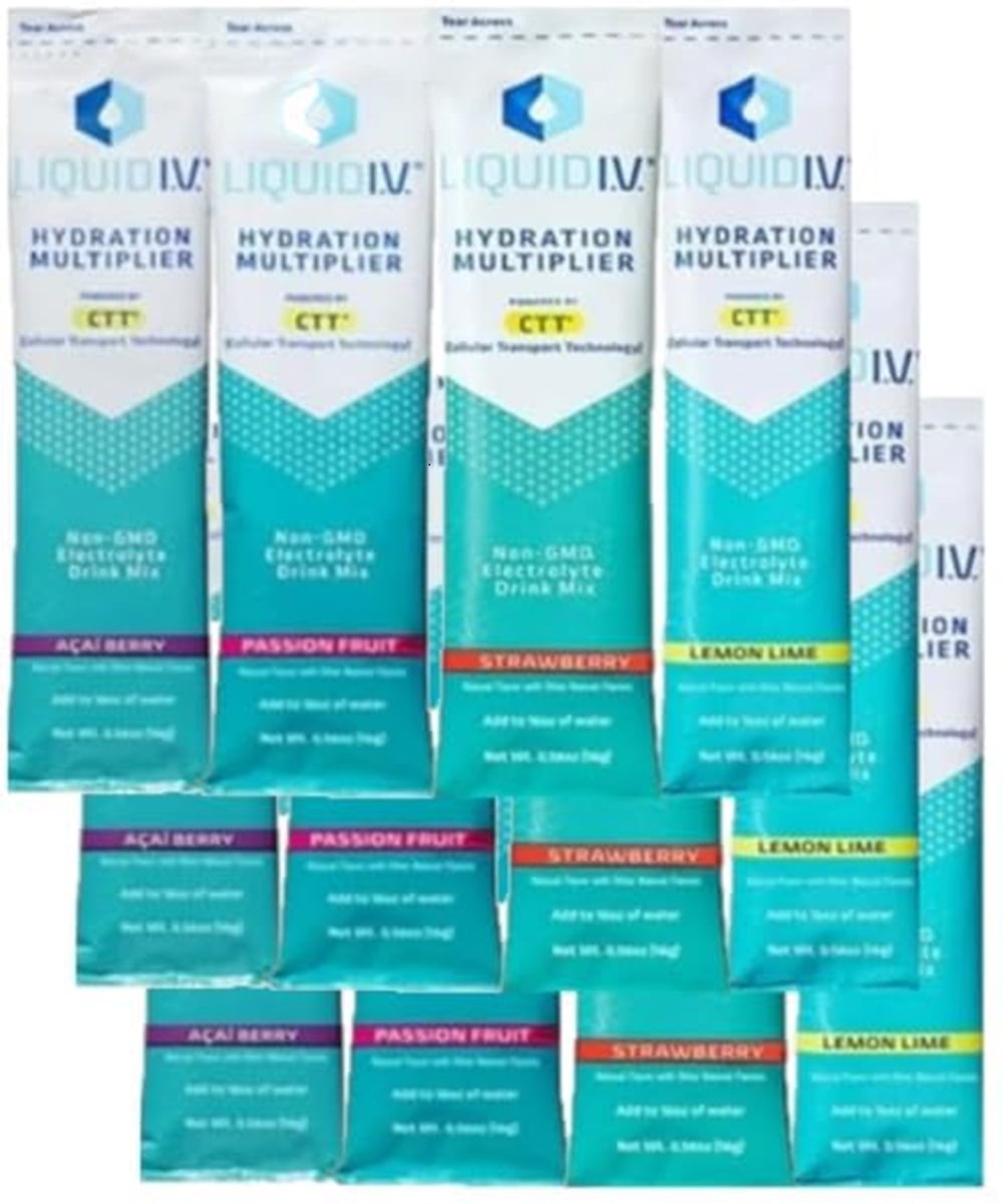 Liquid I.V. Hydration Multiplier 4 Flavors |Strawberry, Acai Berry, Passion Fruit, Lemon lime| Easy Open Single-Serving Sticks| Non-GMO| 12 Packs