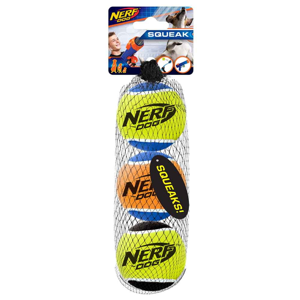 2.5in Squeak Tennis Ball 3-PACK - Blue/Green, Blue/Orange and Black/Green