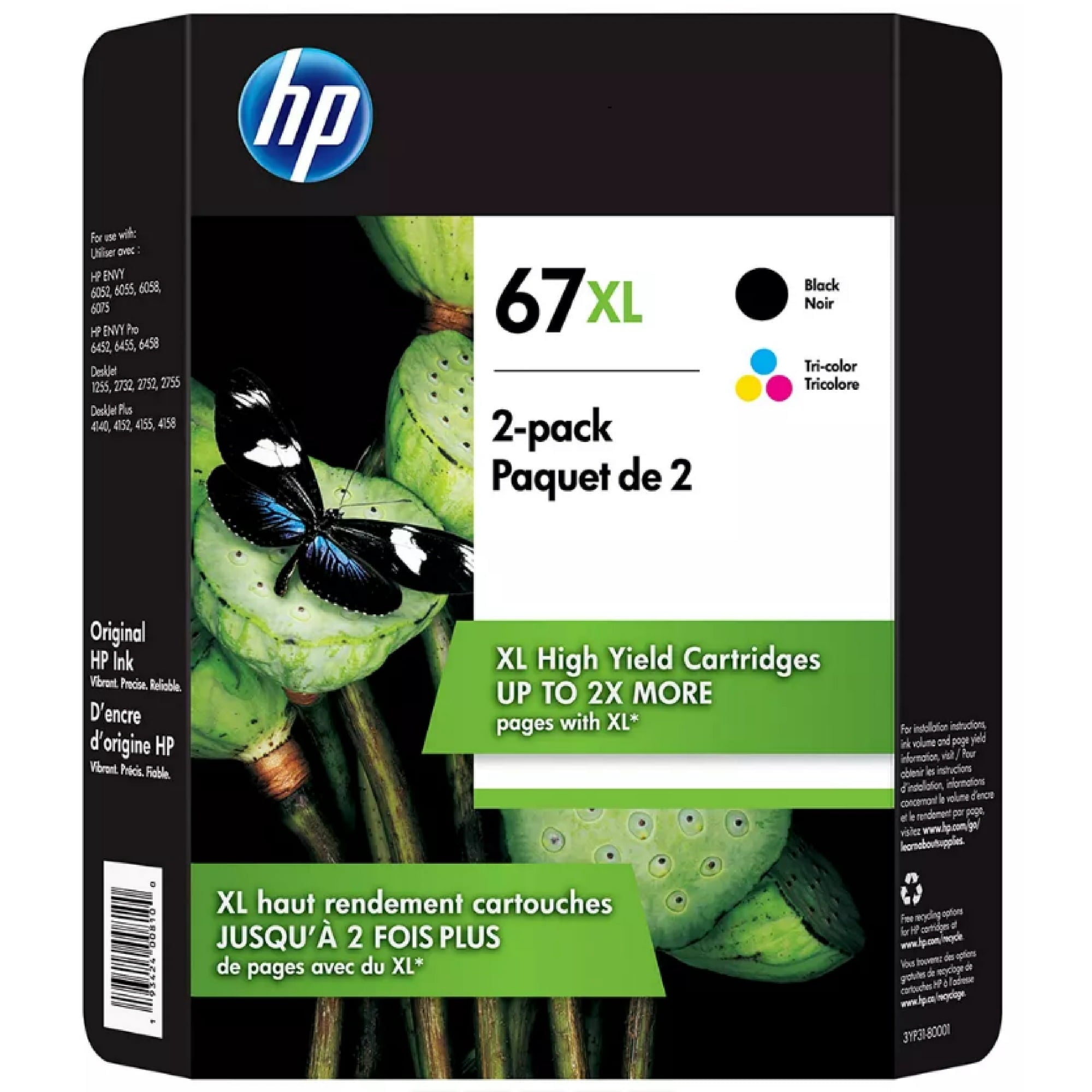 HP 67XL Black and Tri-Color (Yellow, Cyan, Magenta) Ink Cartridges Combo Original