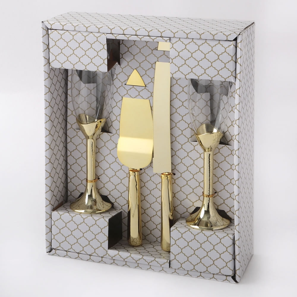 Gold Toasting Glasses/Champagne Flutes And Cake Server/Cake Knife 4 Piece Set