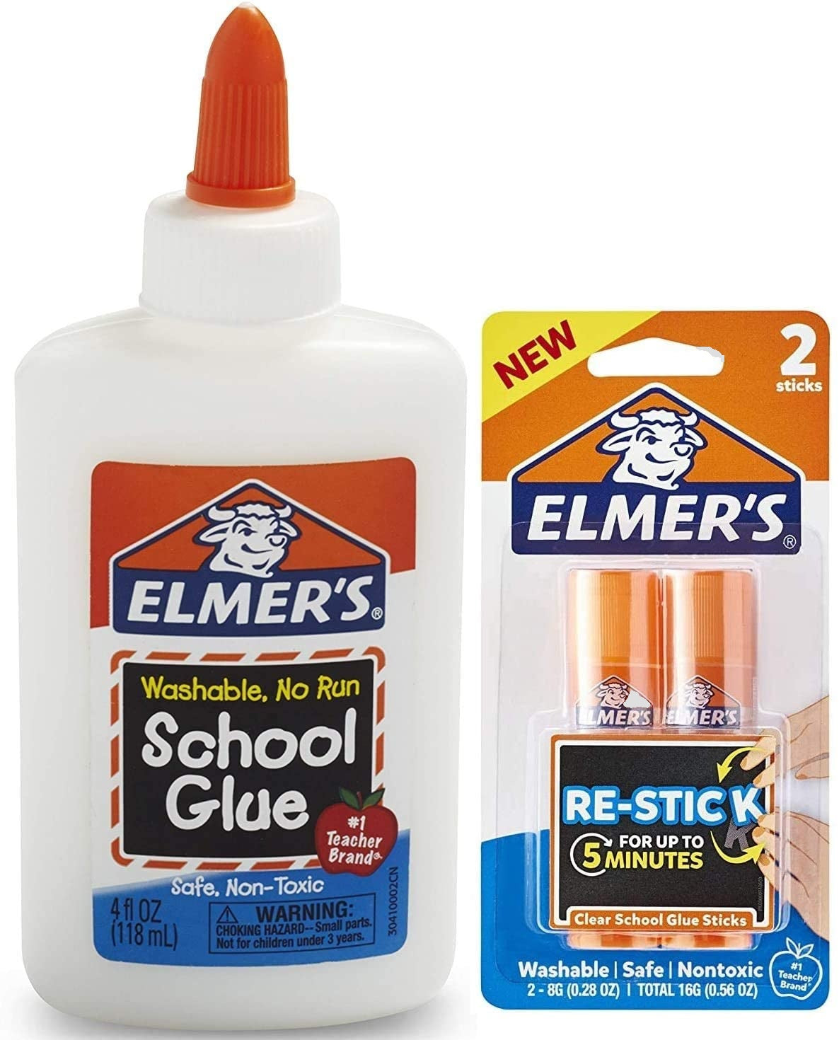 Elmer's Bundle Washable Liquid School Glue, White, Dries Clear, 4 fl oz Plus re-Stick Elmer's School Glue Stick, 8g, 2pk