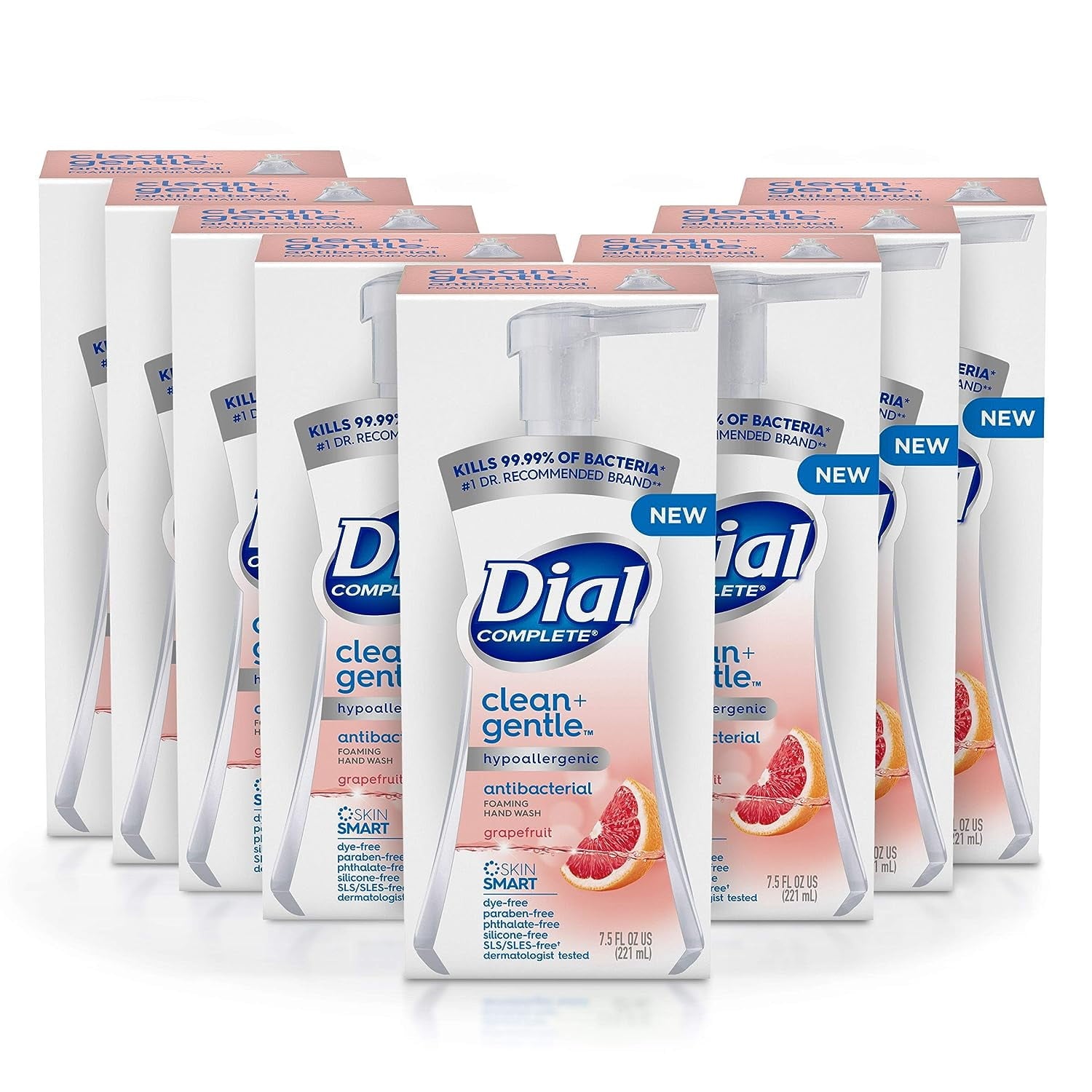 Dial Complete Clean + Gentle Antibacterial Foaming Hand Wash, Grapefruit, 7.5 Fl Oz, Pack of 8