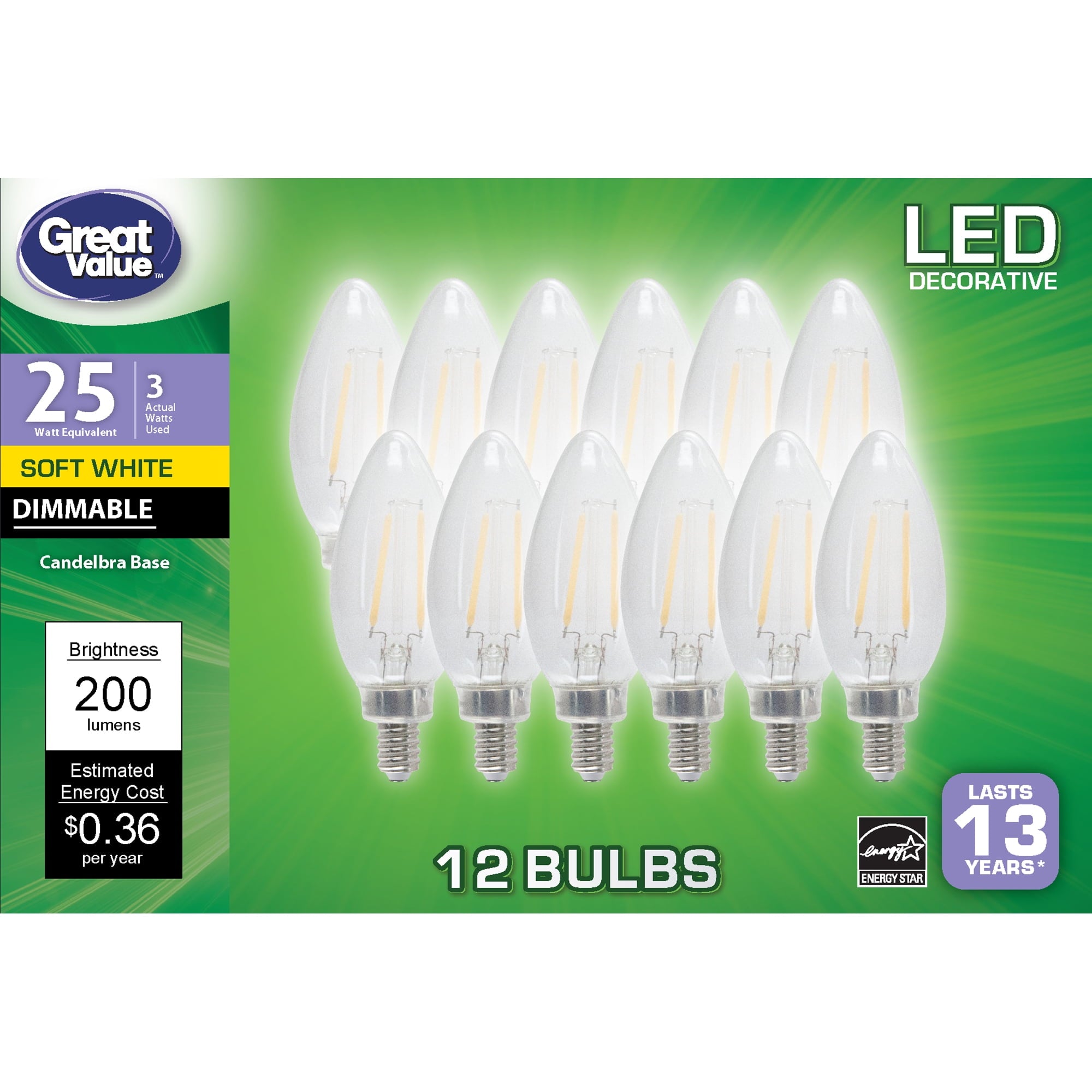 Great Value LED Light Bulb, 3 Watts (25W Equivalent) B10 Deco Lamp E12 Candelabra Base, Dimmable, Soft White, 12-Pack