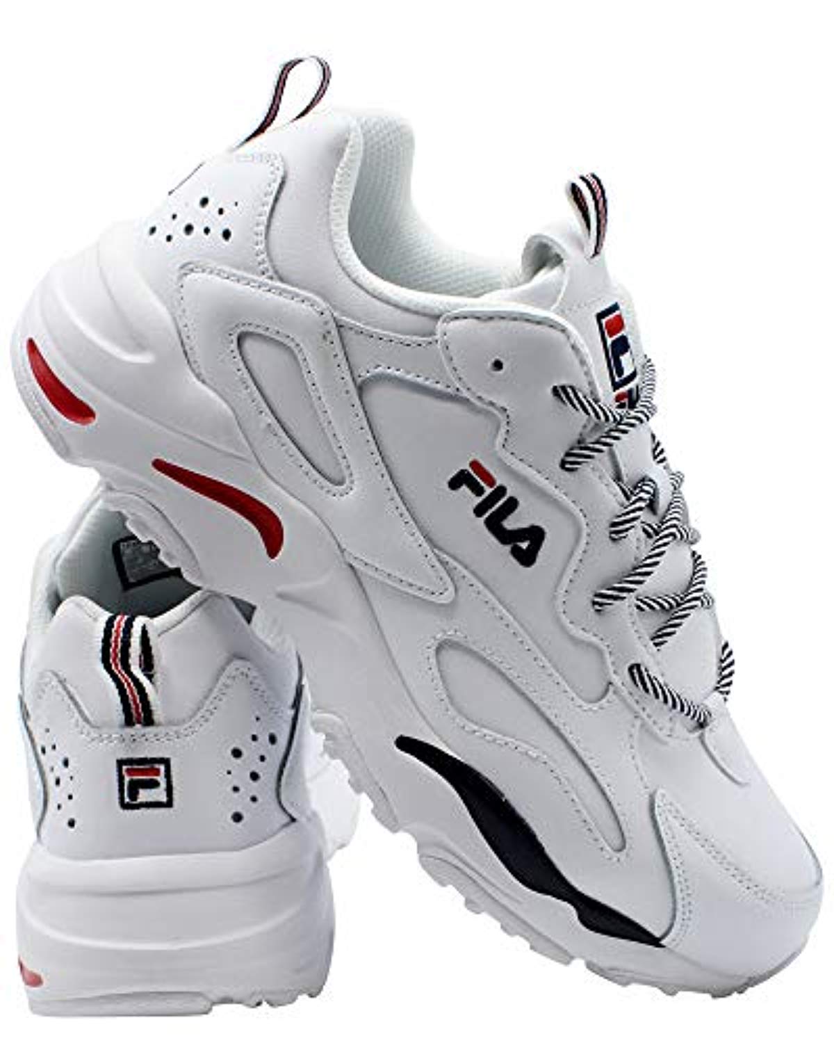 Fila Mens RAY Tracer Sneaker,White/Navy/RED,10