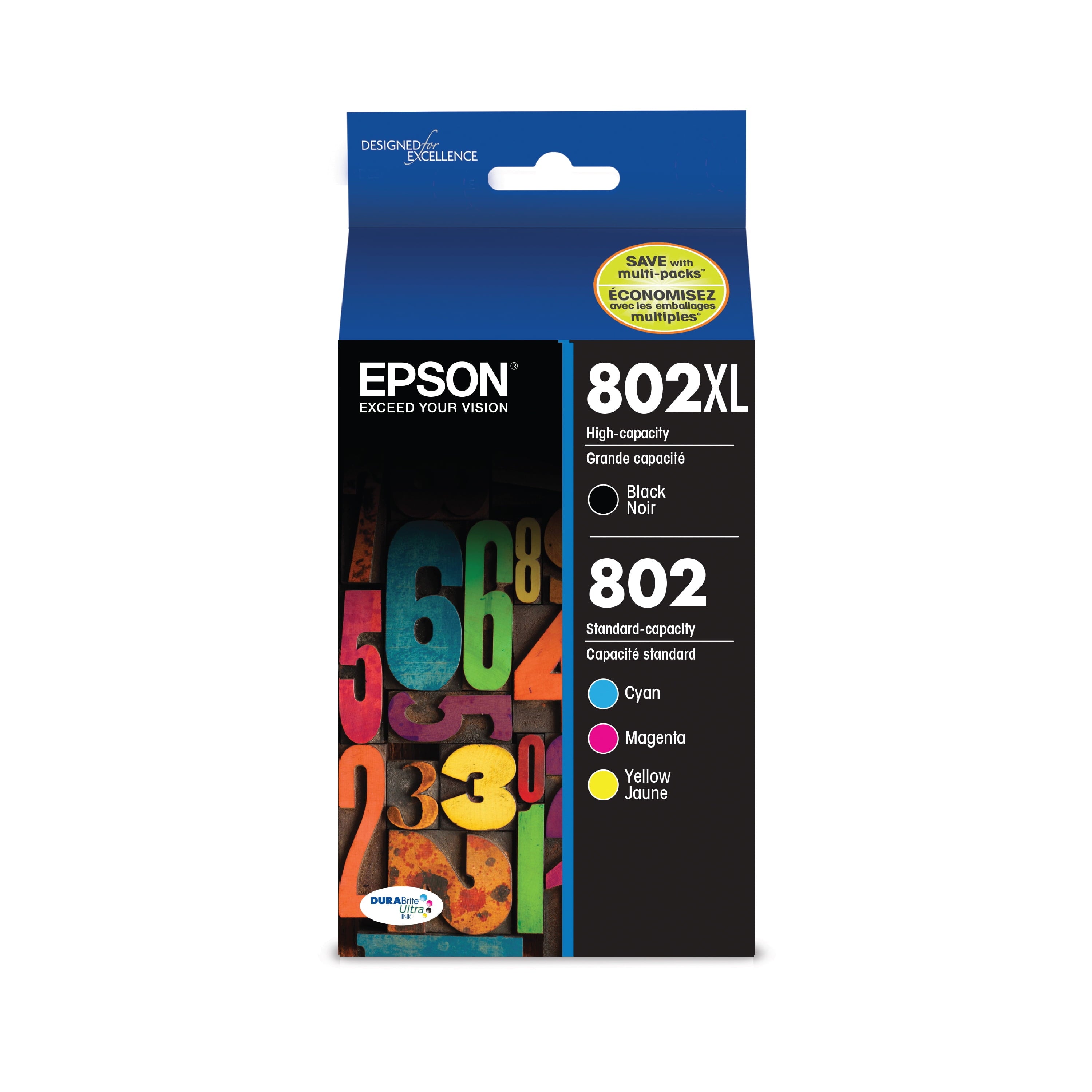 EPSON 802 DURABrite Ultra Ink High Capacity Black  & Standard Color Cartridge Combo Pack (T802XL-BCS) Works with WorkForce Pro WF-4720, WF-4730, WF-4734, WF-4740