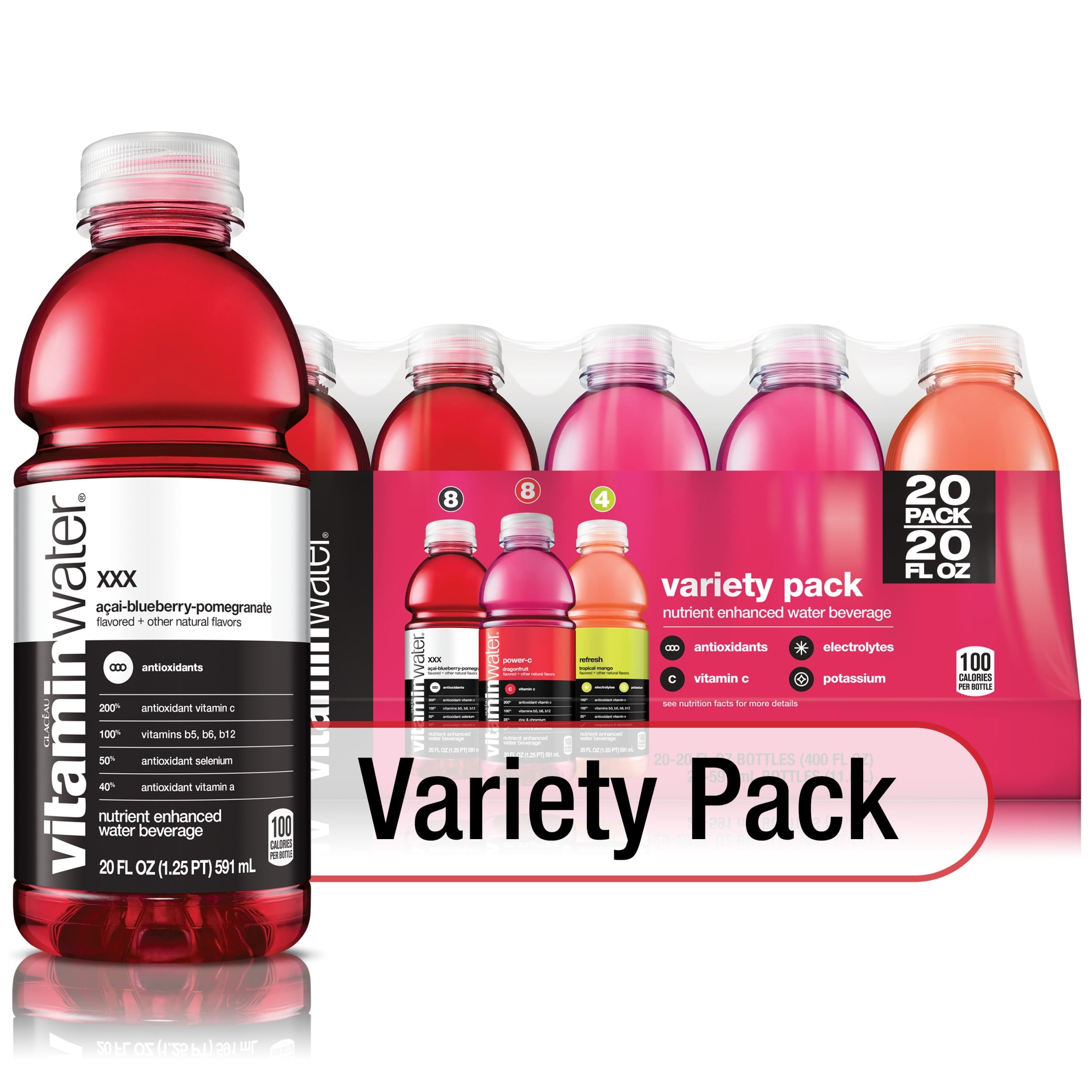 vitaminwater variety pack nutrient enhanced water w/ vitamins, 20 fl oz, 20 Pack,